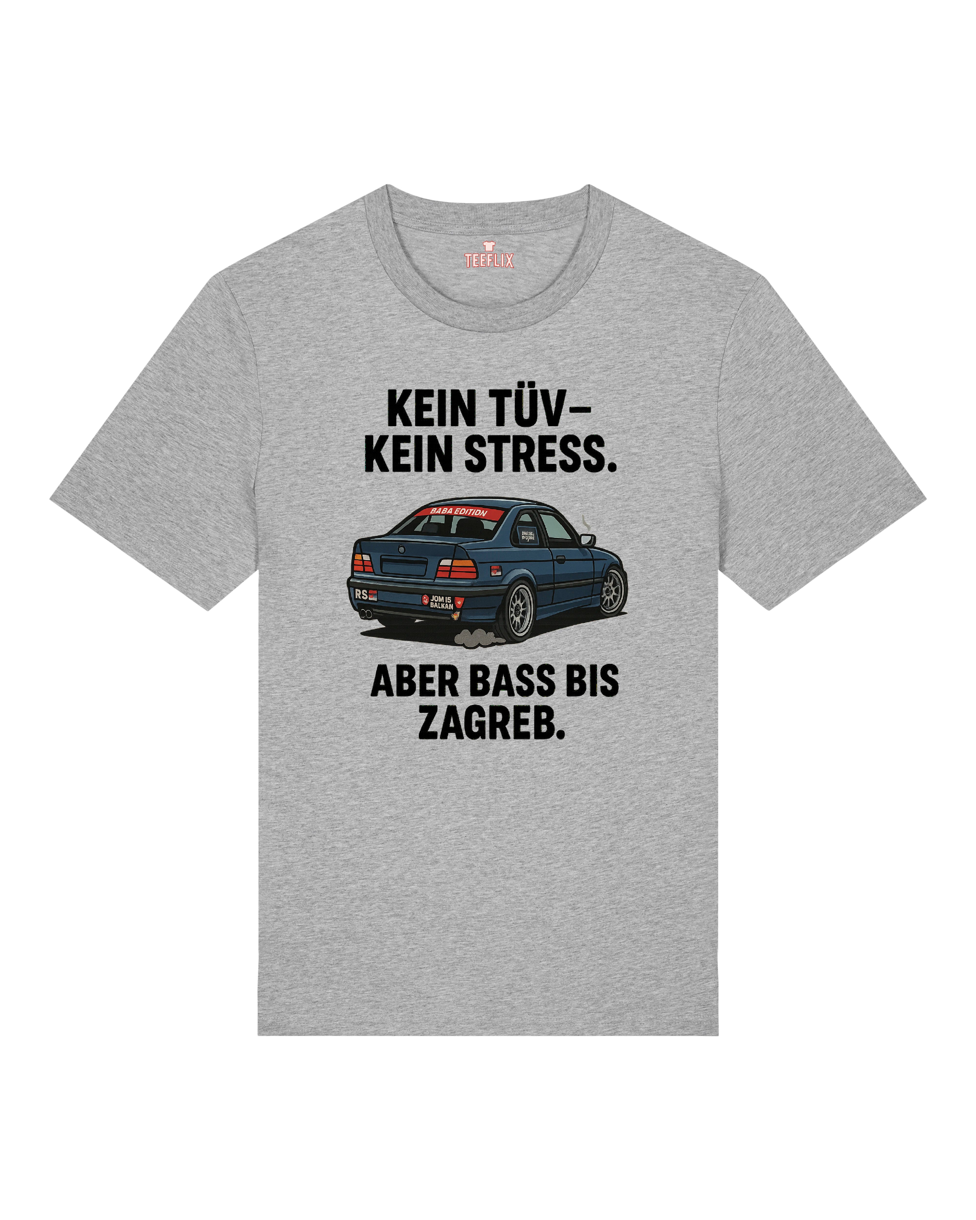 Graues Funshirt für Autofans mit „Kein TÜV, kein Stress“-Druck
