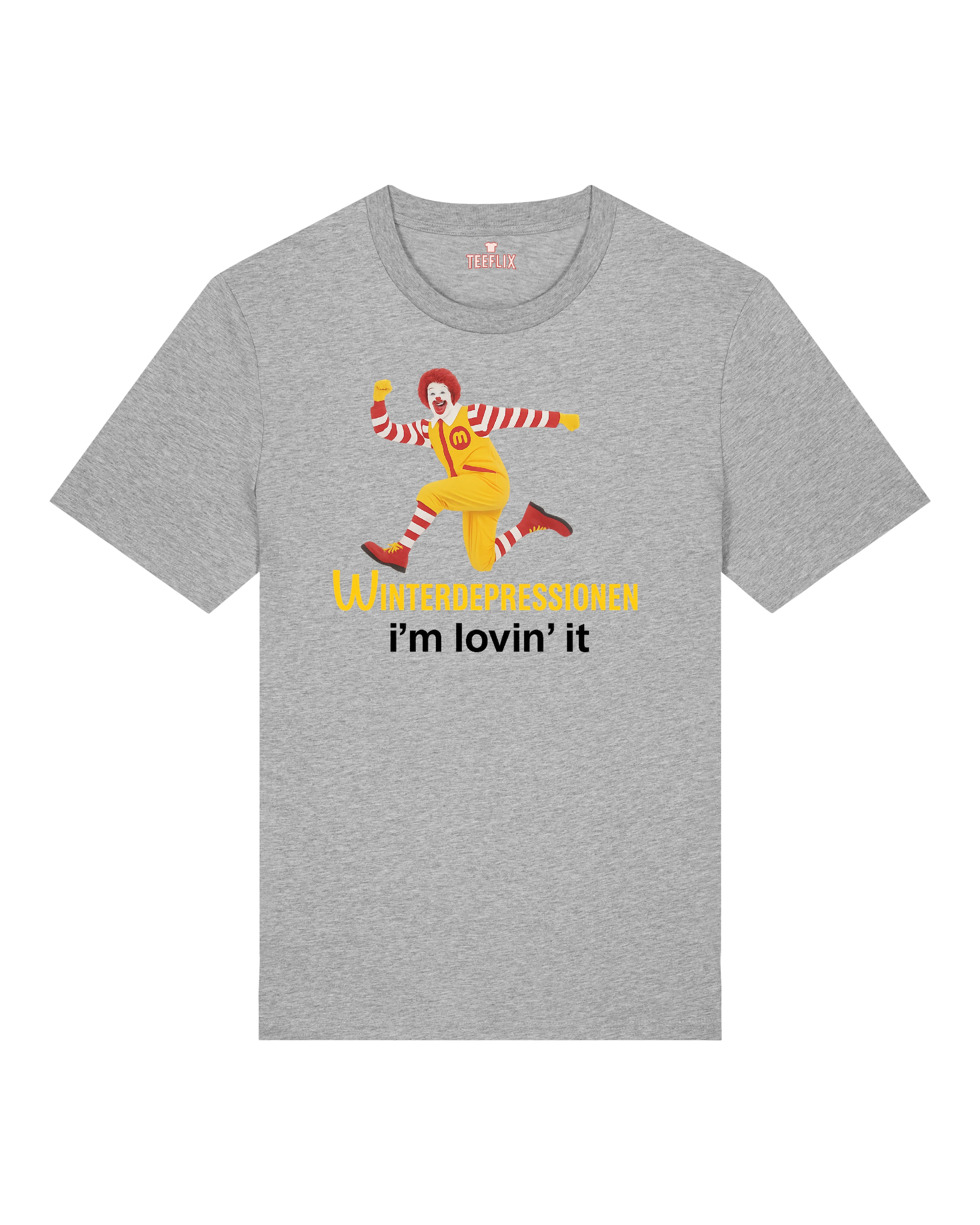 Graues Funshirt mit satirischem Print „Winterdepressionen“ im Fast-Food-Stil