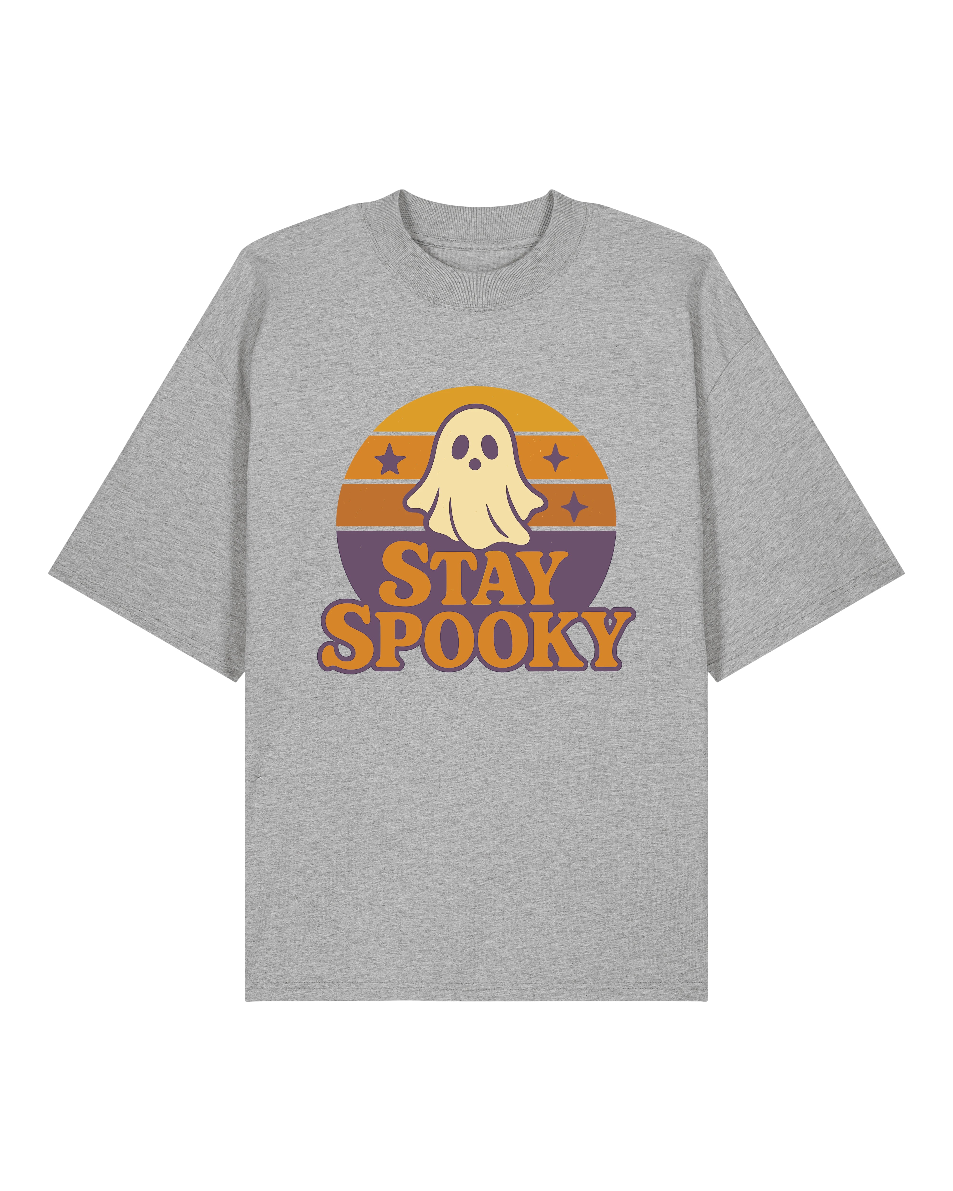 Oversized T-Shirt in Grau mit Stay Spooky Geist Print – Retro Halloween Design, ideal für Oktober, Streetwear oder Partylook