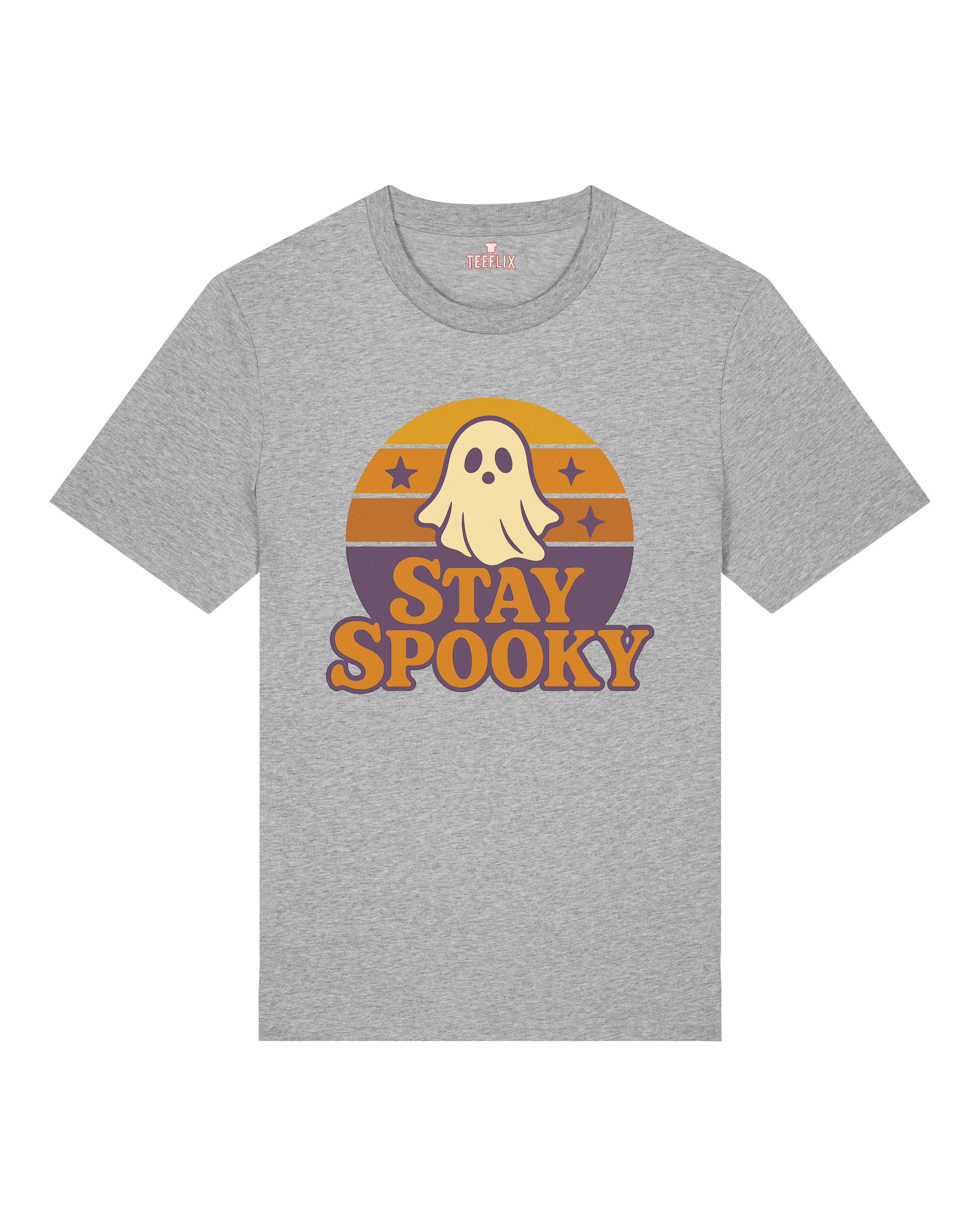 Heather Grey T-Shirt Stay Spooky mit Geist – Halloween Motiv in Retrofarben für Männer, Frauen oder unisex spooky Style