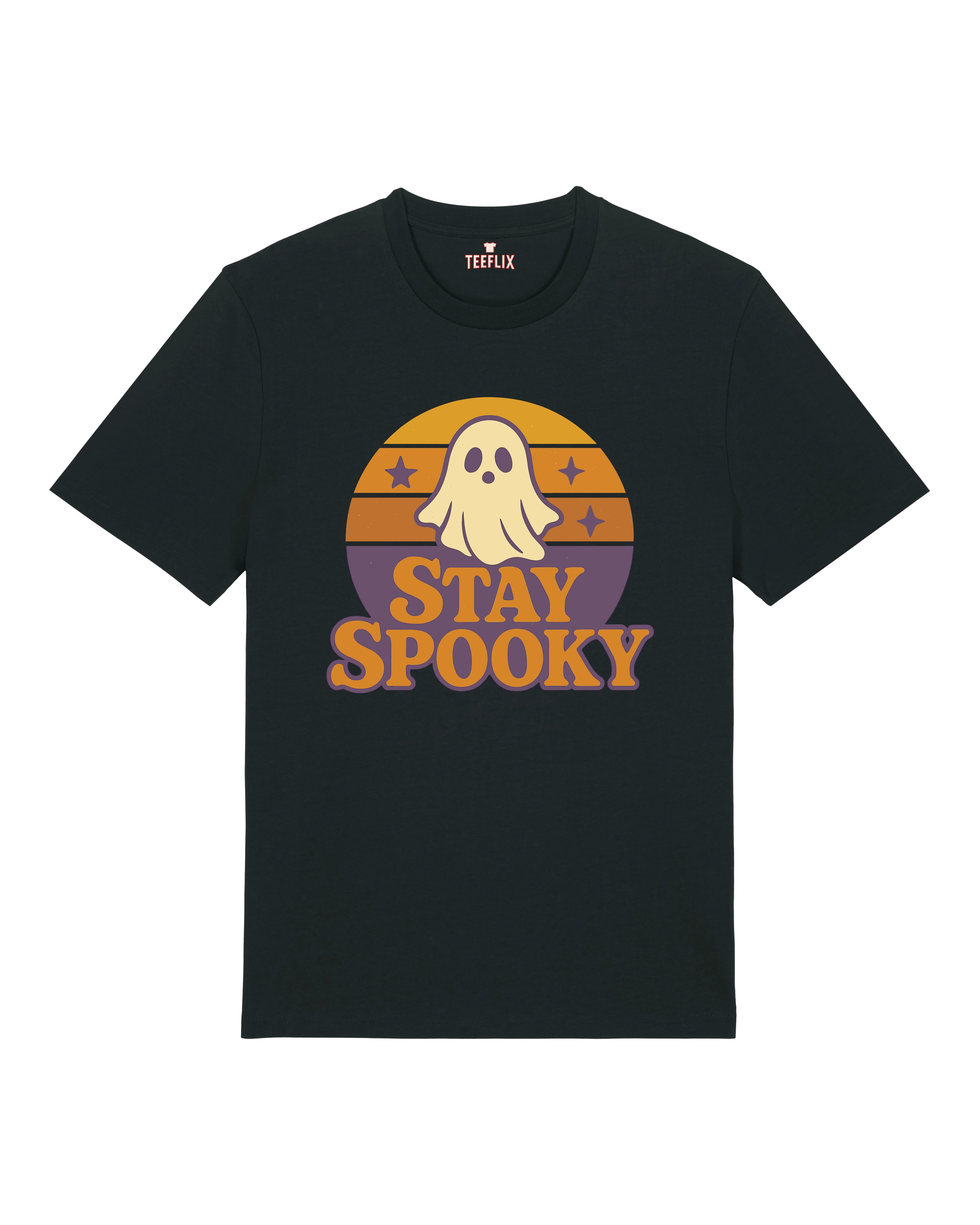 Schwarzes Bio T-Shirt mit Geist und Stay Spooky Text – perfektes Halloween Shirt mit Retro-Vintage Look für Fans von Grusel & Spaß