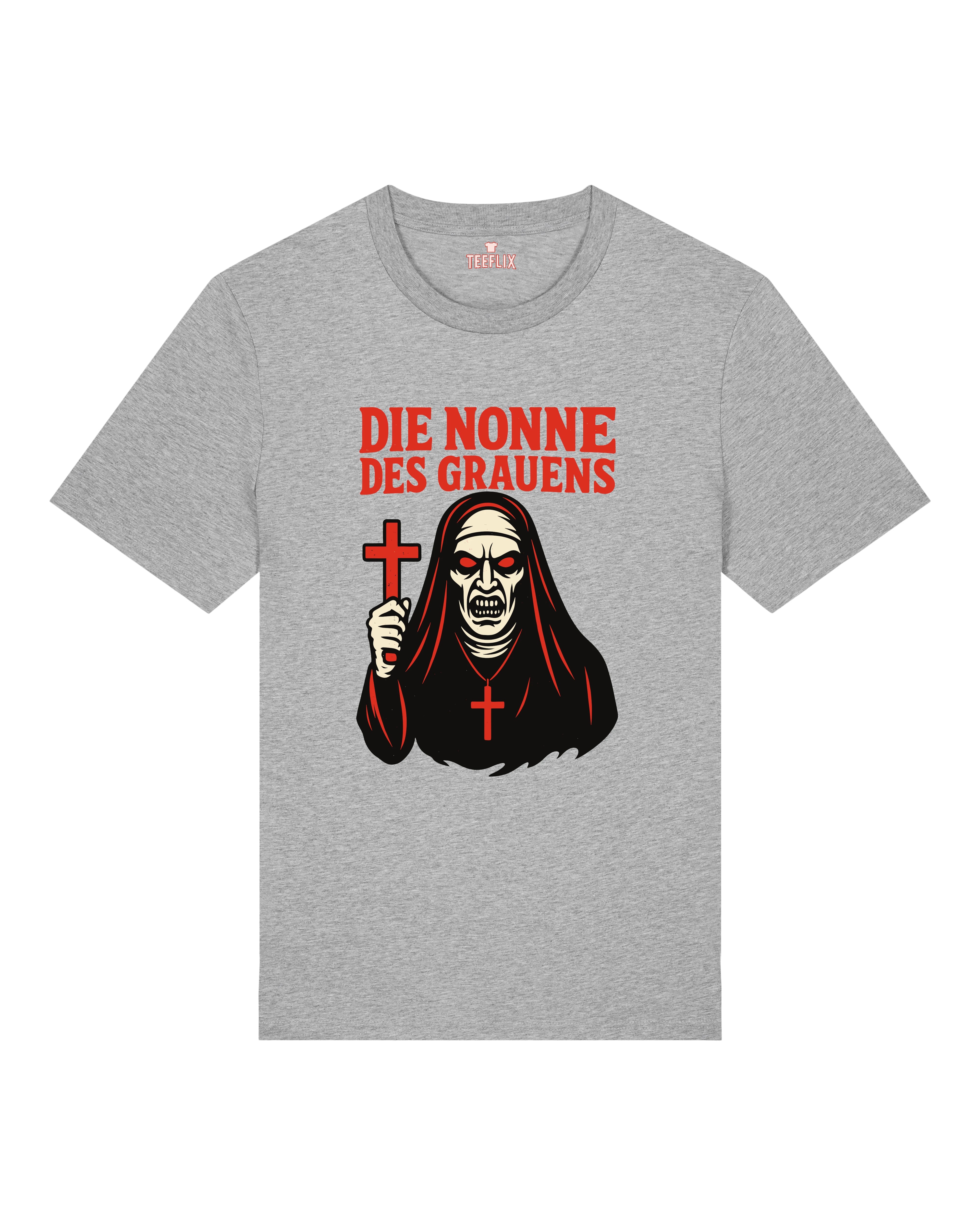 Graues Horror T-Shirt mit blutiger Nonne, lustiges Halloween Shirt – Teeflix