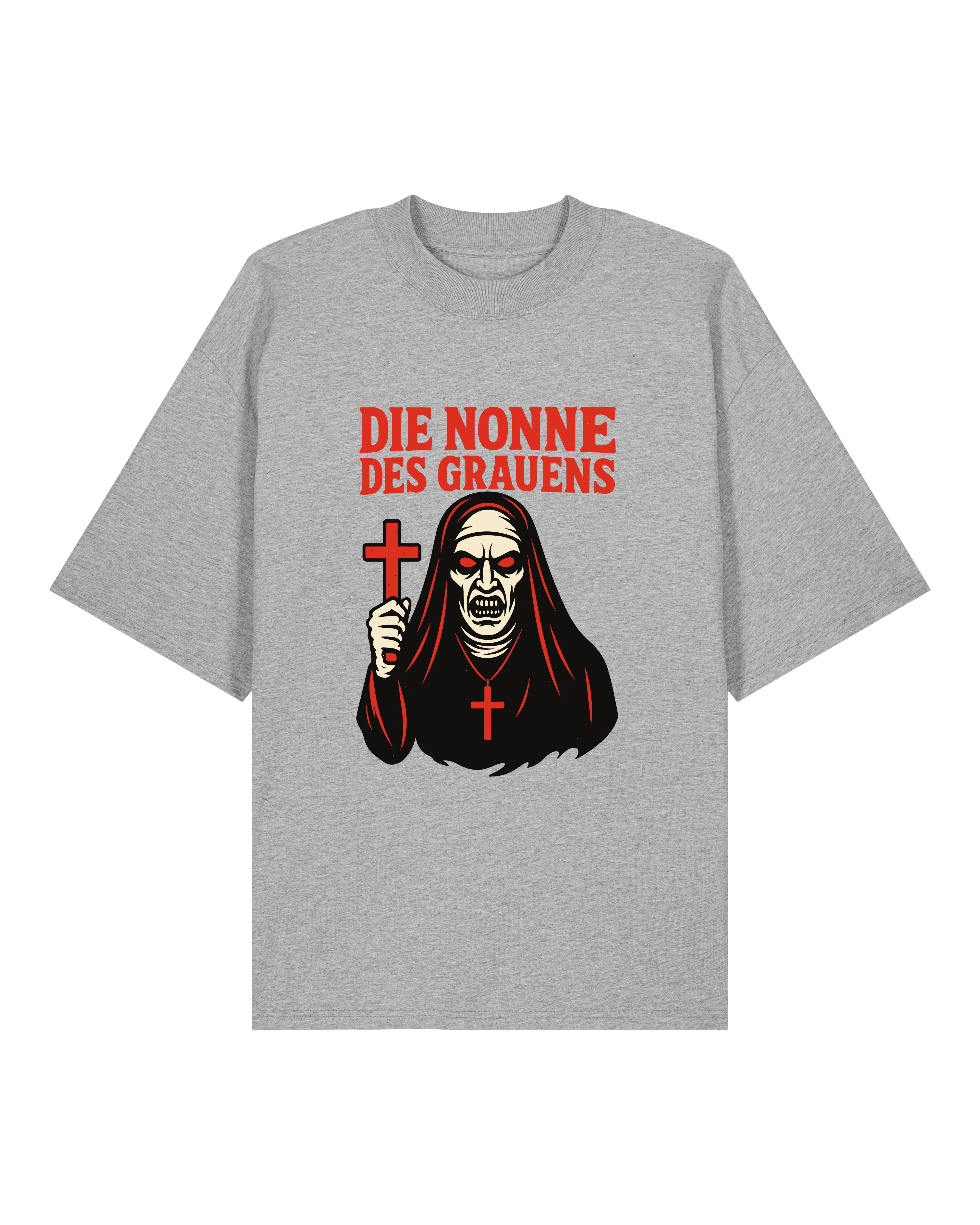 Oversized graues Halloween Shirt mit Nonne und Kreuz, düsterer Humor – Teeflix