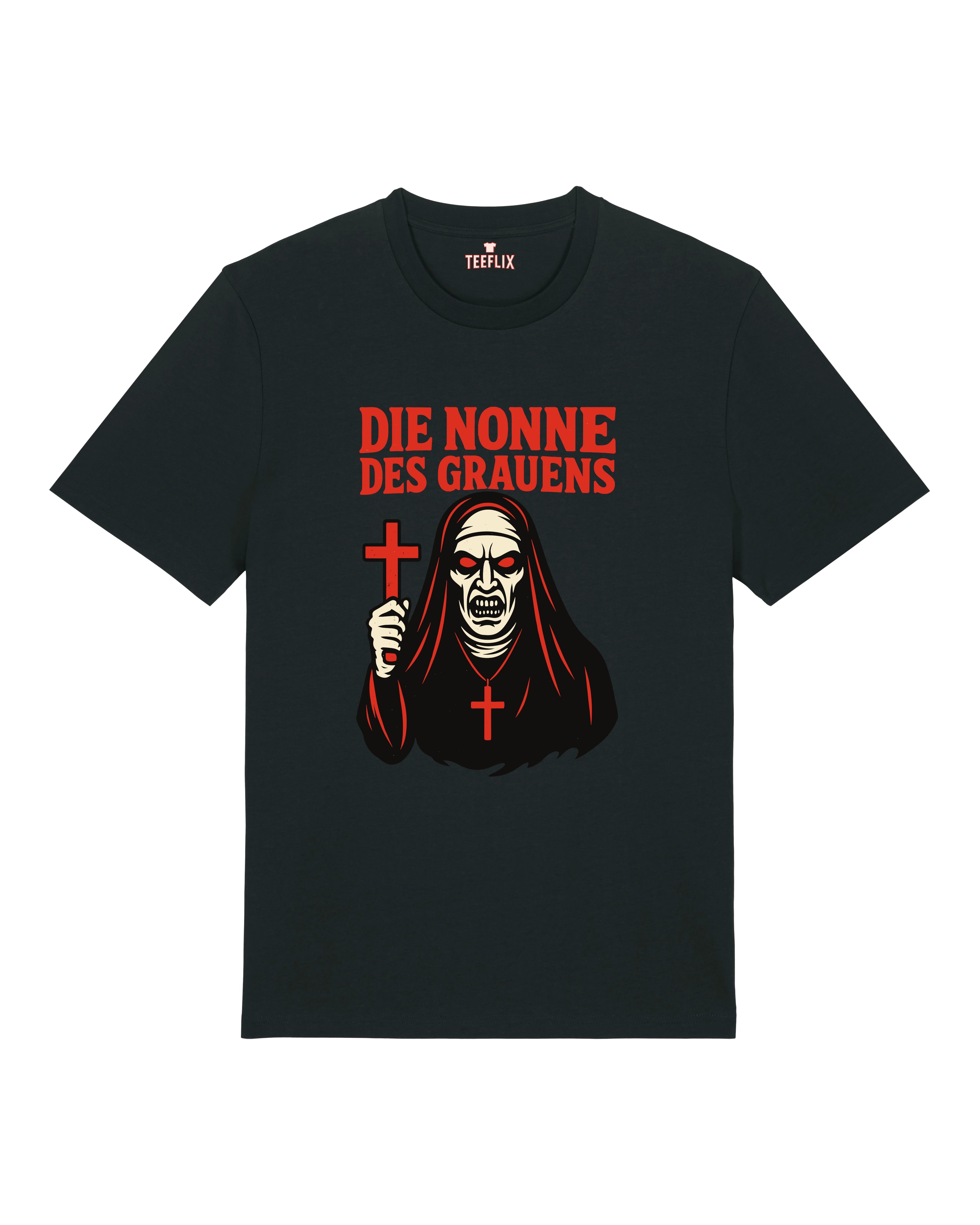 Schwarzes Halloween Shirt mit Horror-Nonne, blutiges Grusel-Design – Teeflix