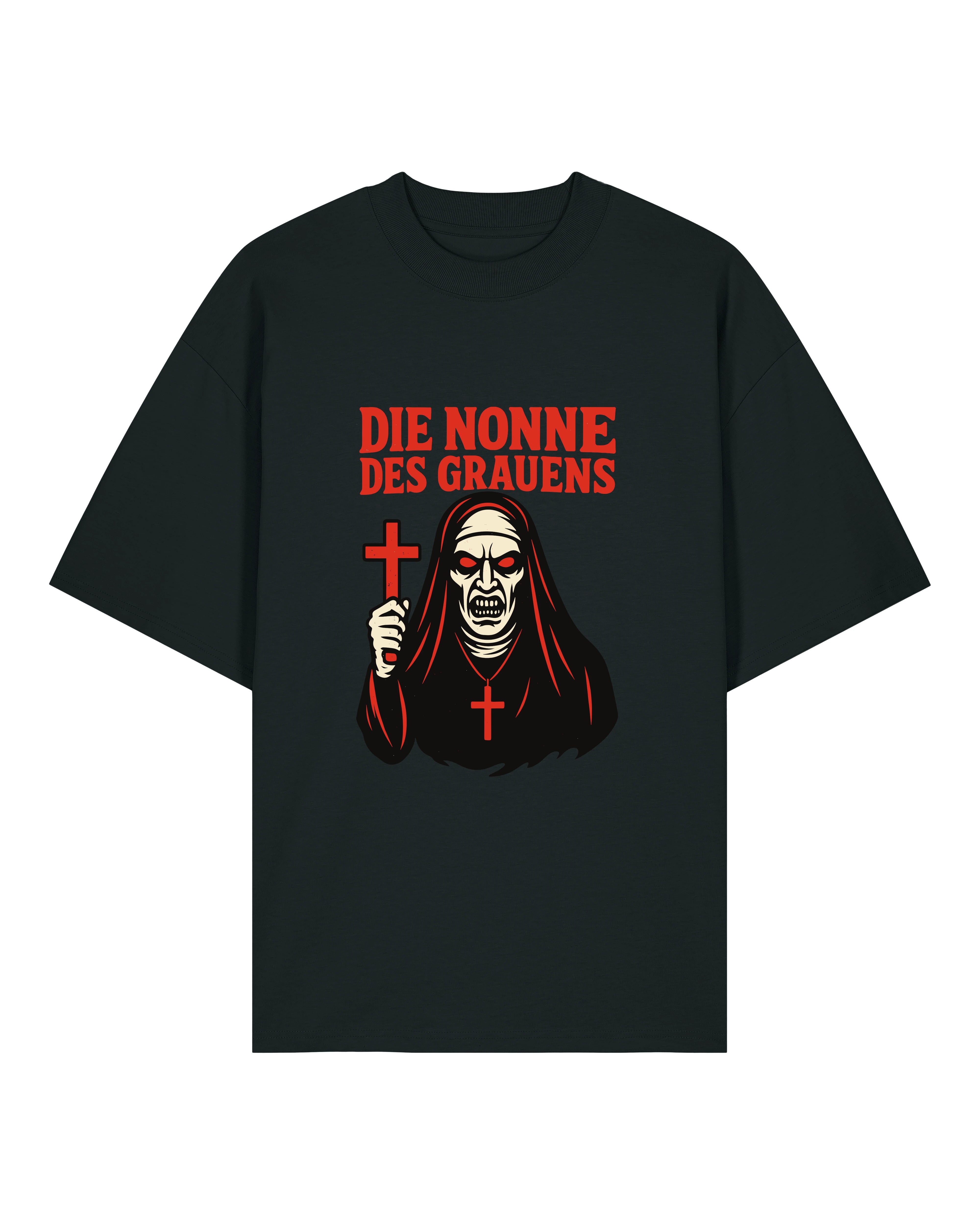 Oversized schwarzes T-Shirt mit gruseligem Nonnen-Motiv, Halloween Outfit – Teeflix