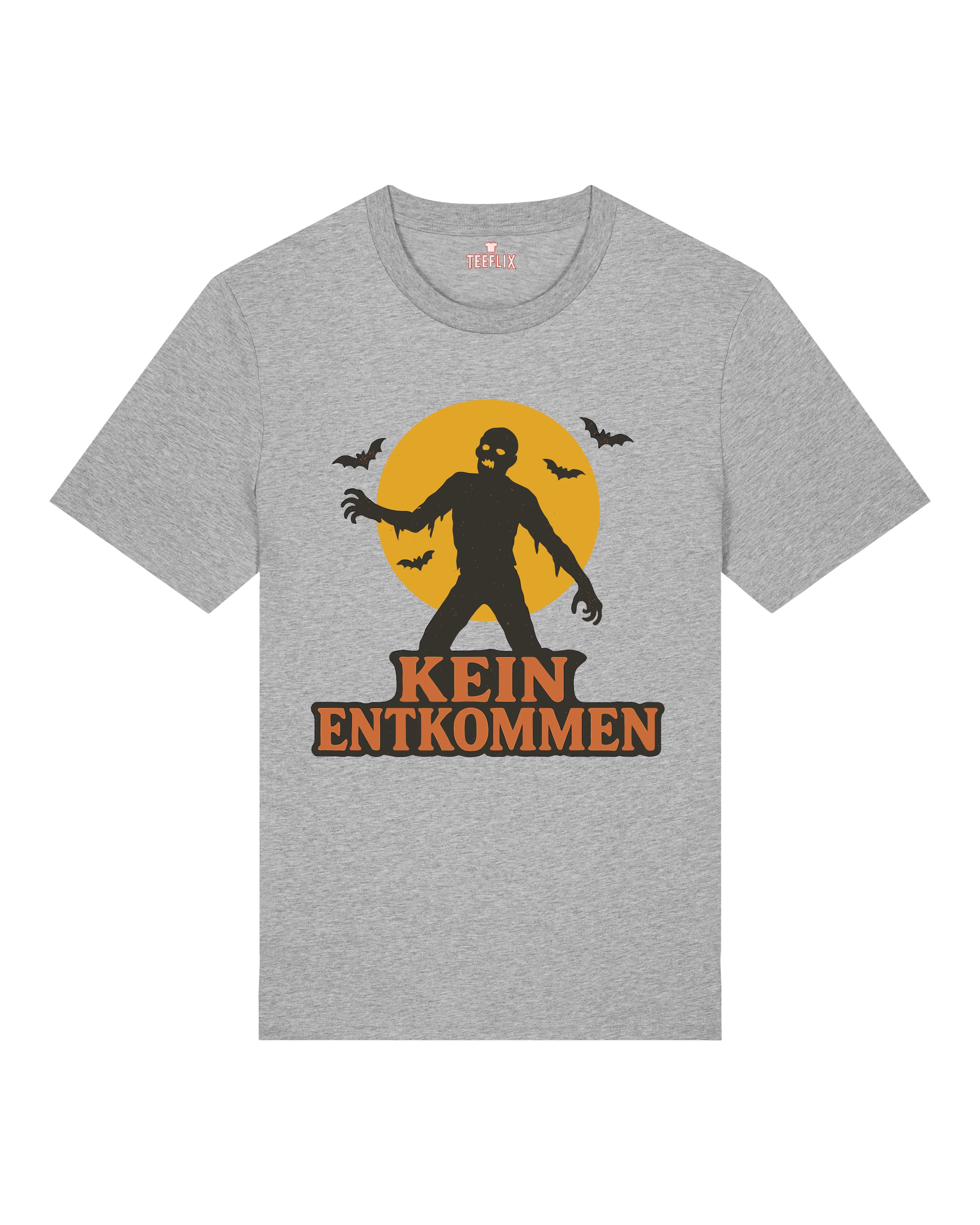 Graues Halloween T-Shirt von Teeflix mit Zombie-Motiv und Spruch "Kein Entkommen", Unisex Normal Fit