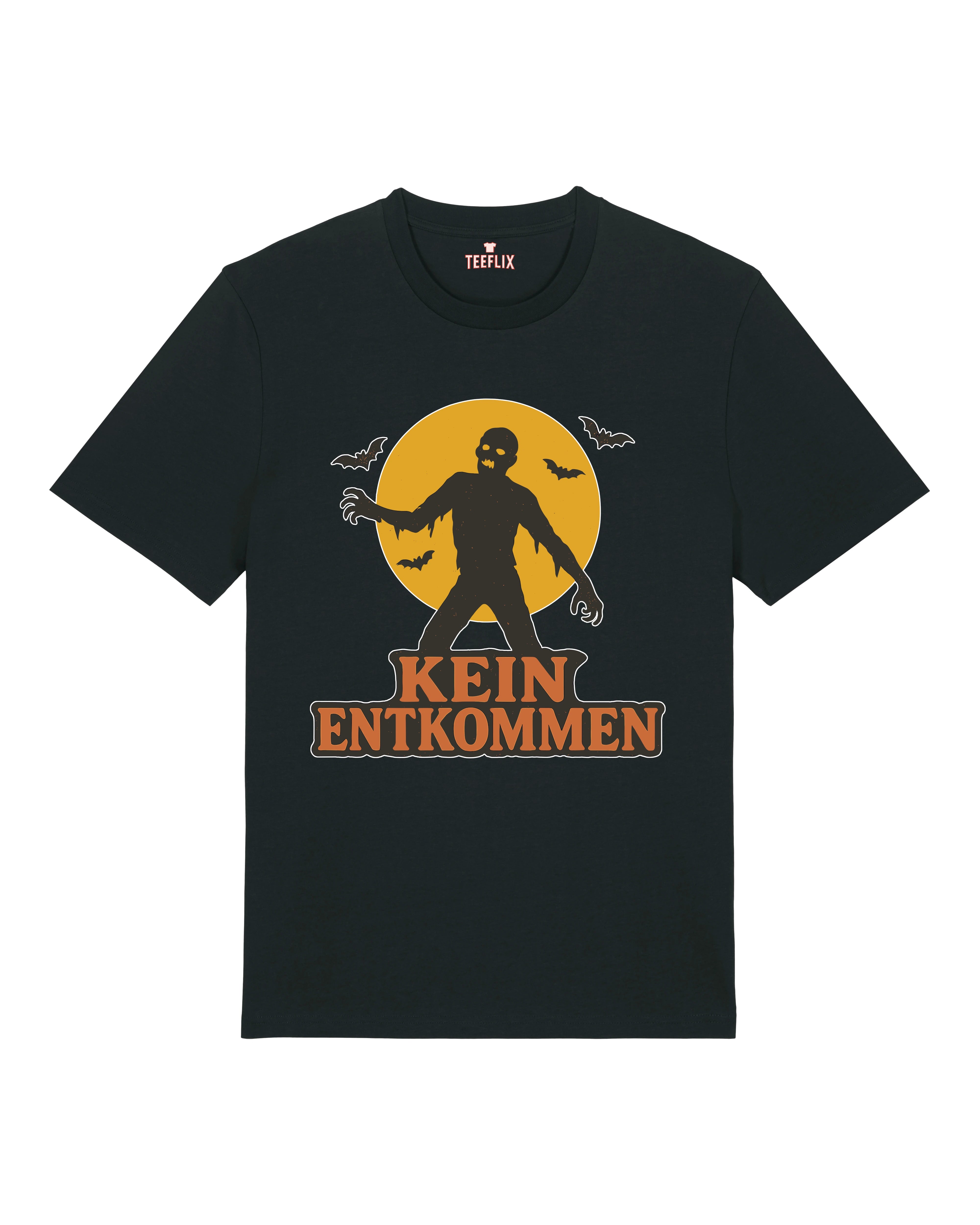Schwarzes Halloween Shirt von Teeflix mit Zombie und Spruch "Kein Entkommen" – Unisex Normal Fit, 100% Bio-Baumwolle