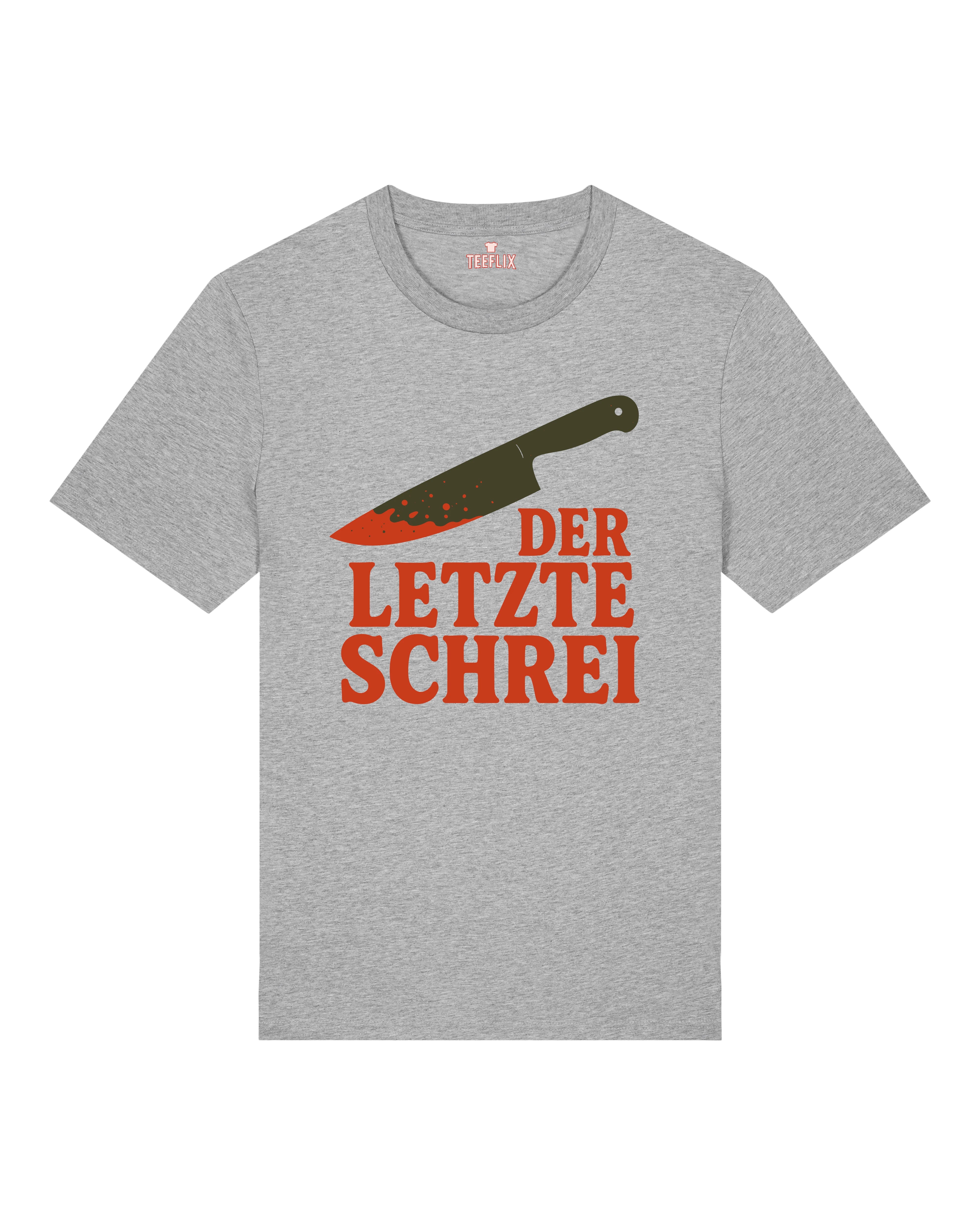 Graues Horror Shirt von Teeflix mit Messer-Design und Spruch "Der letzte Schrei" – Normal Fit
