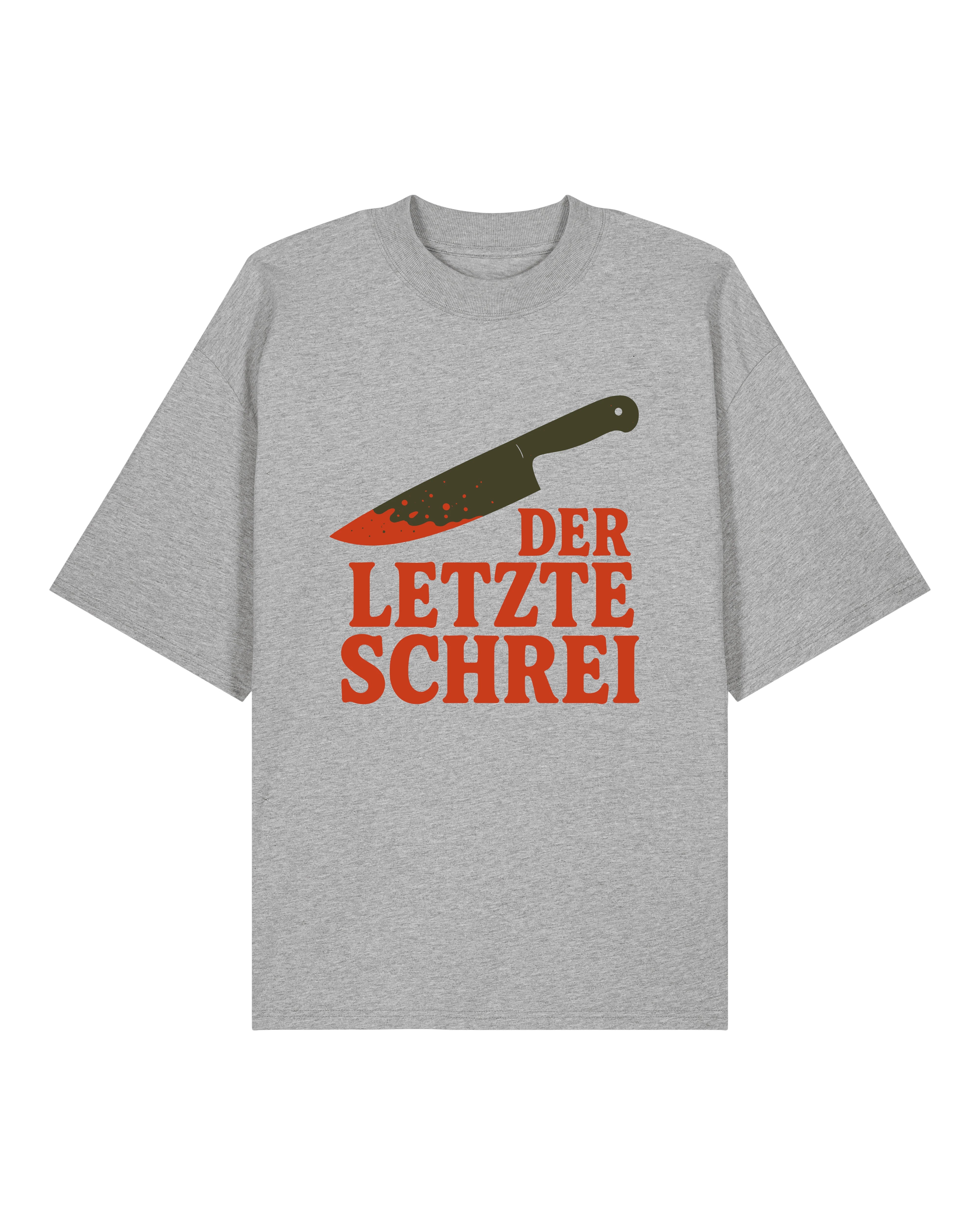 Graues Oversized Horror Shirt von Teeflix mit Messer-Motiv und rotem Spruch "Der letzte Schrei"
