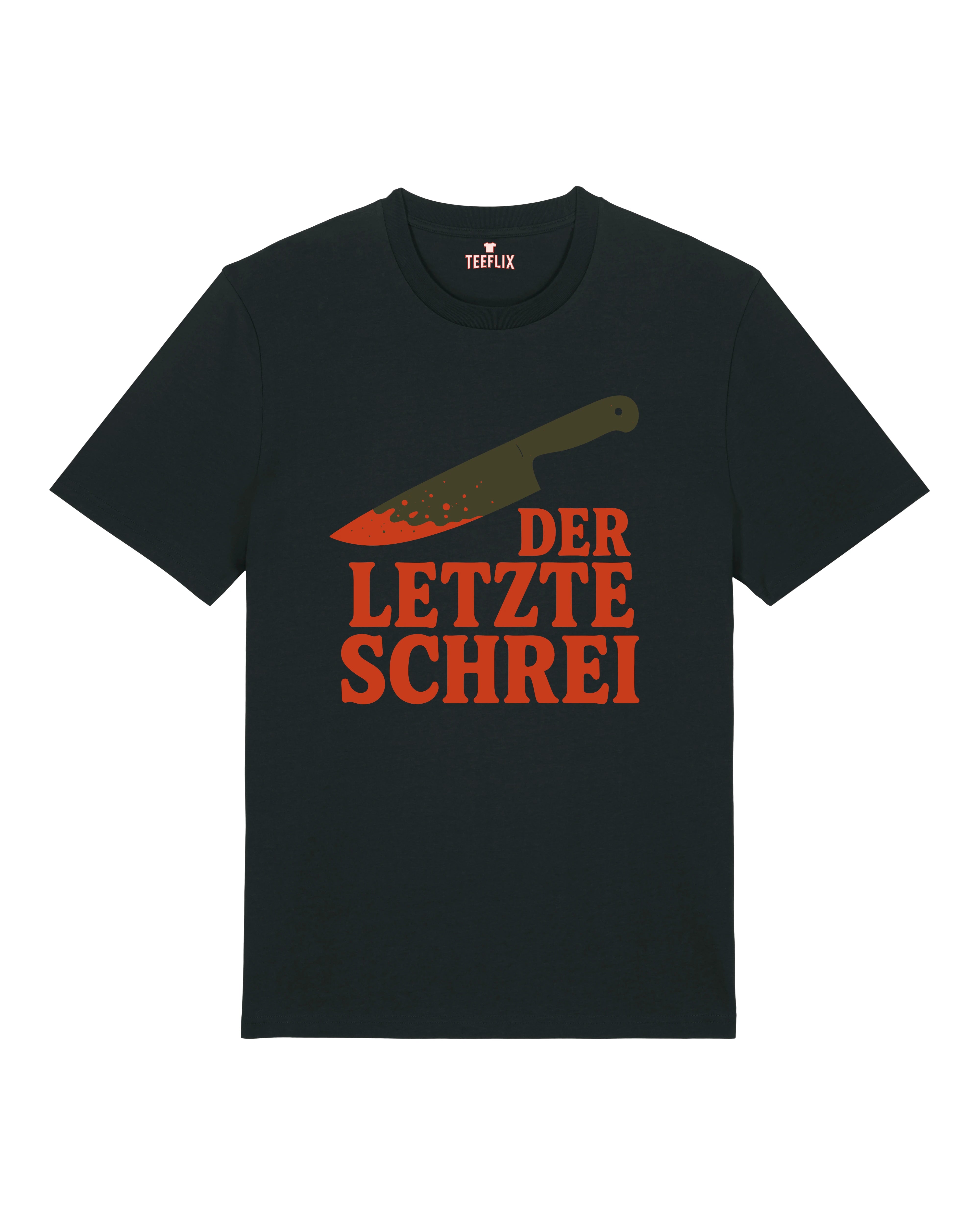 Schwarzes Horror Shirt von Teeflix mit Messer-Motiv und Spruch "Der letzte Schrei" – Unisex Normal Fit