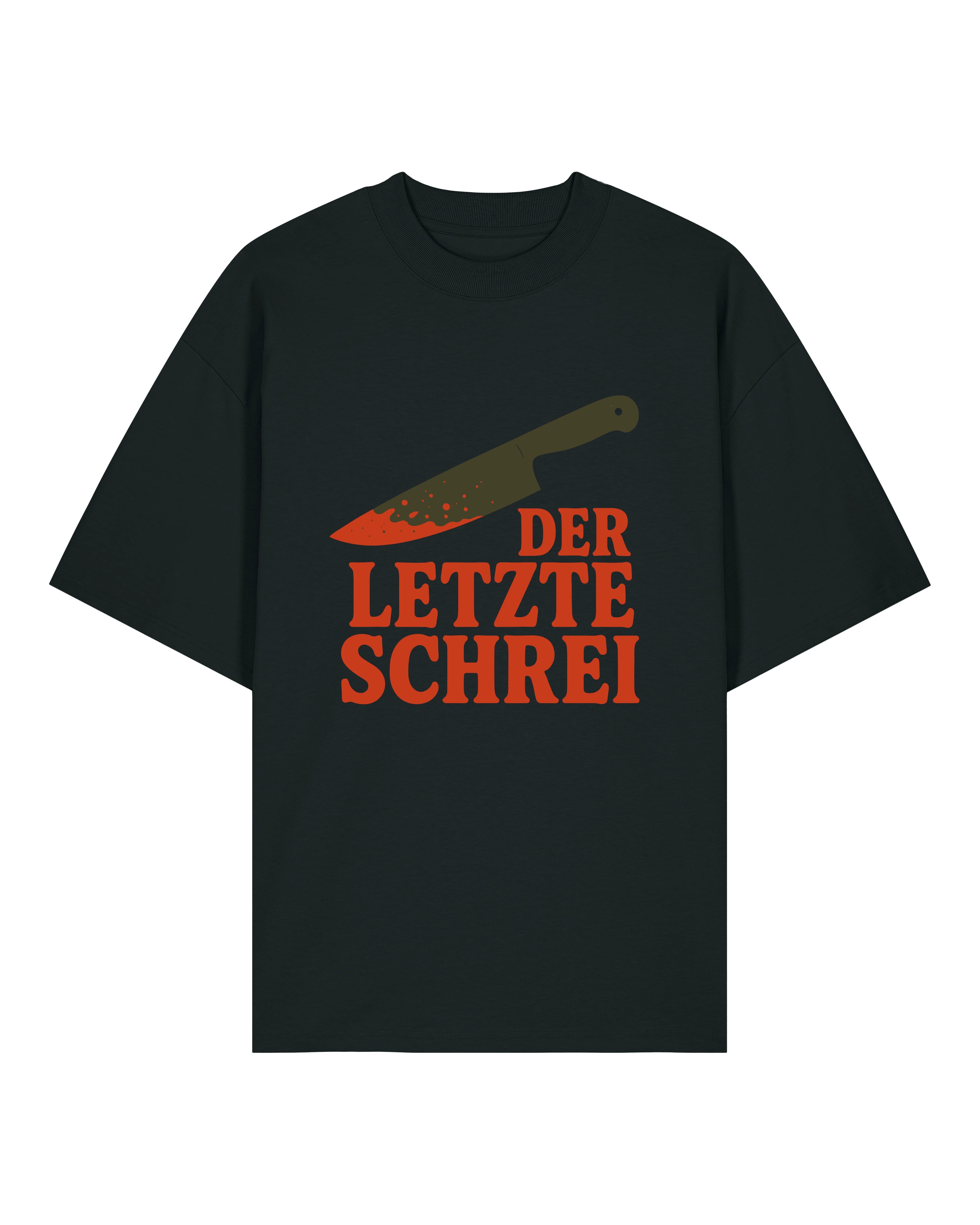 Schwarzes Oversized Horror Shirt von Teeflix mit blutigem Messer und Schriftzug "Der letzte Schrei"