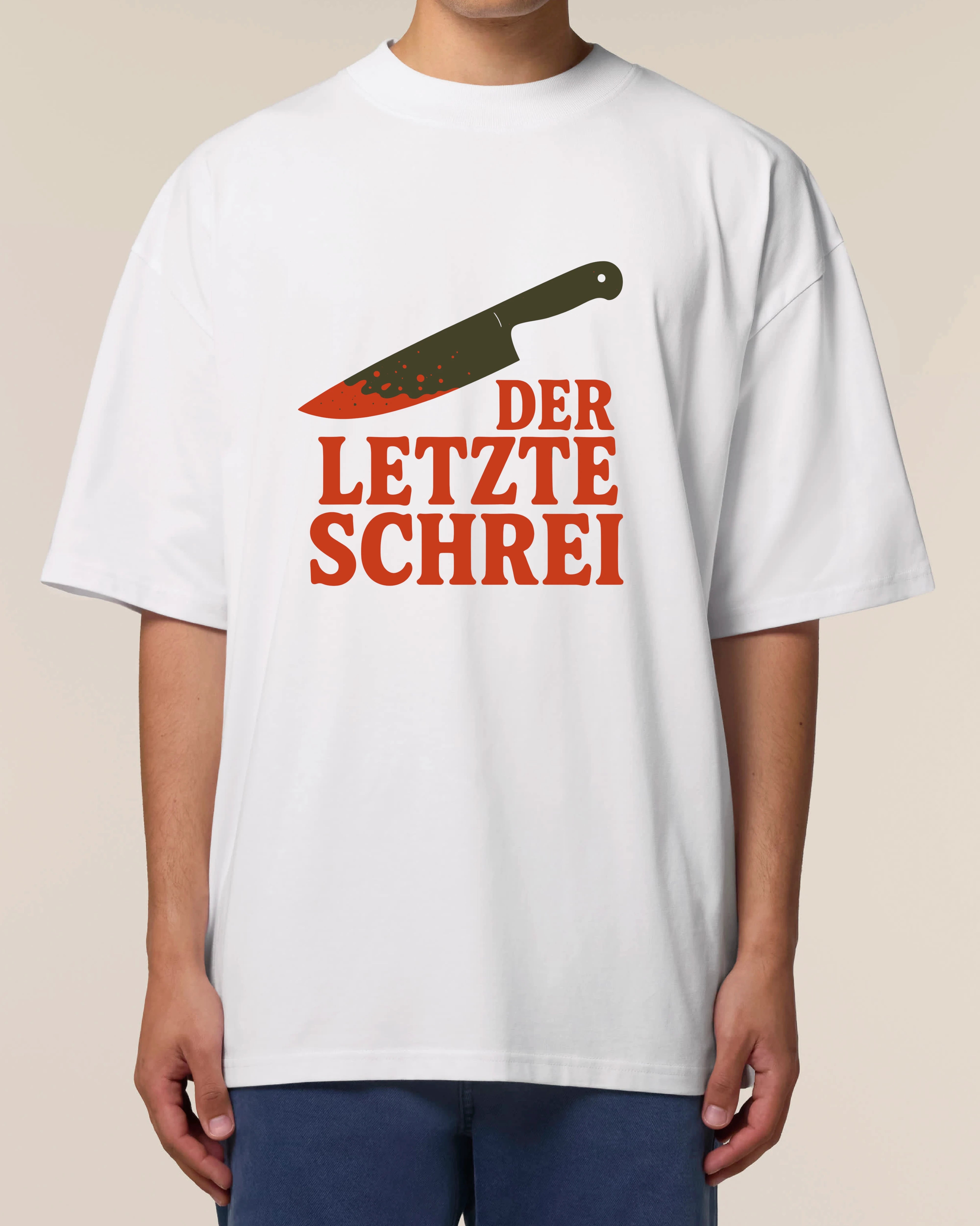 Weißes Oversized Horror T-Shirt für Herren von Teeflix mit Messer-Motiv und Spruch "Der letzte Schrei"