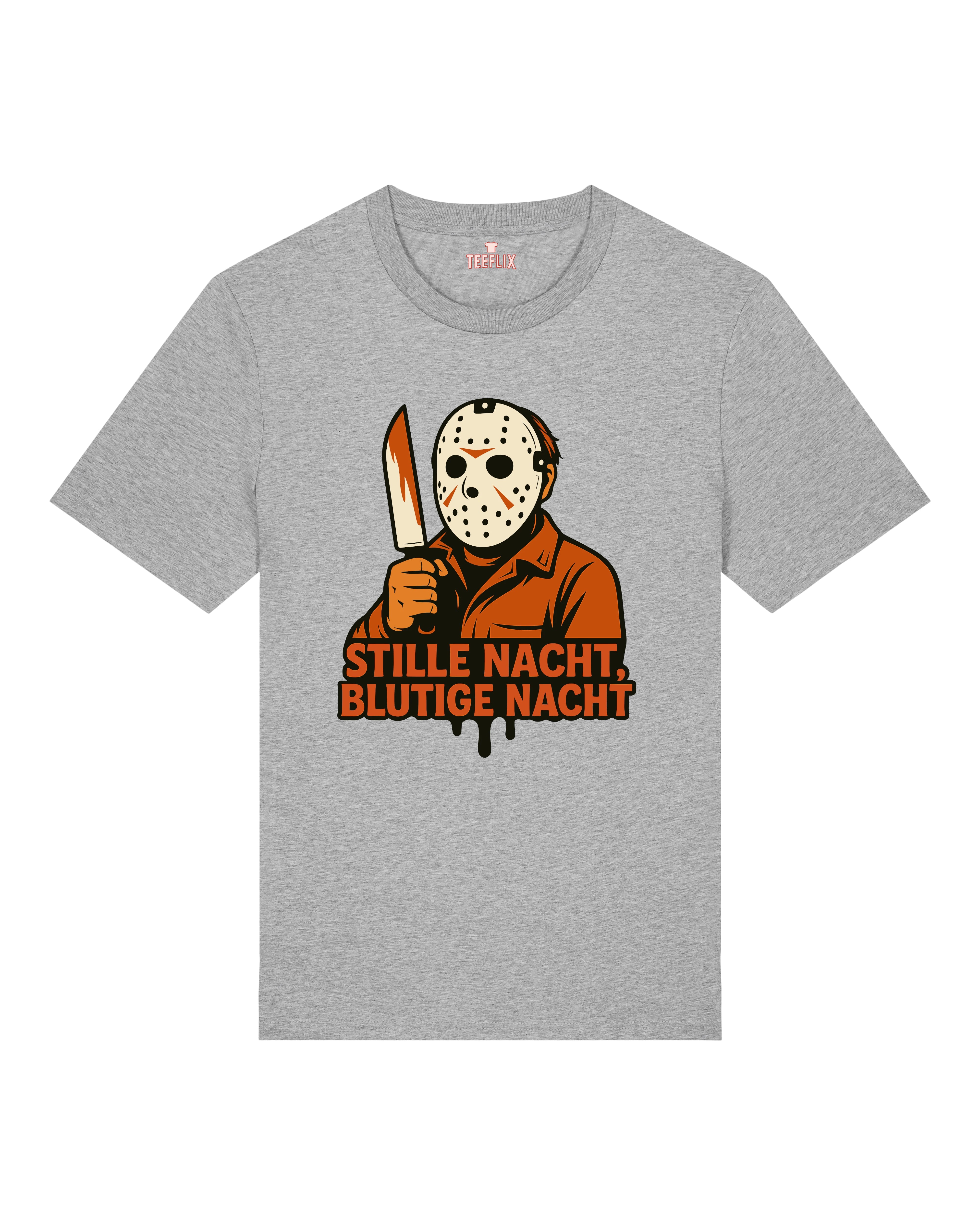 Graues Horror T-Shirt von Teeflix mit Maske und Spruch "Stille Nacht, Blutige Nacht" – Normal Fit