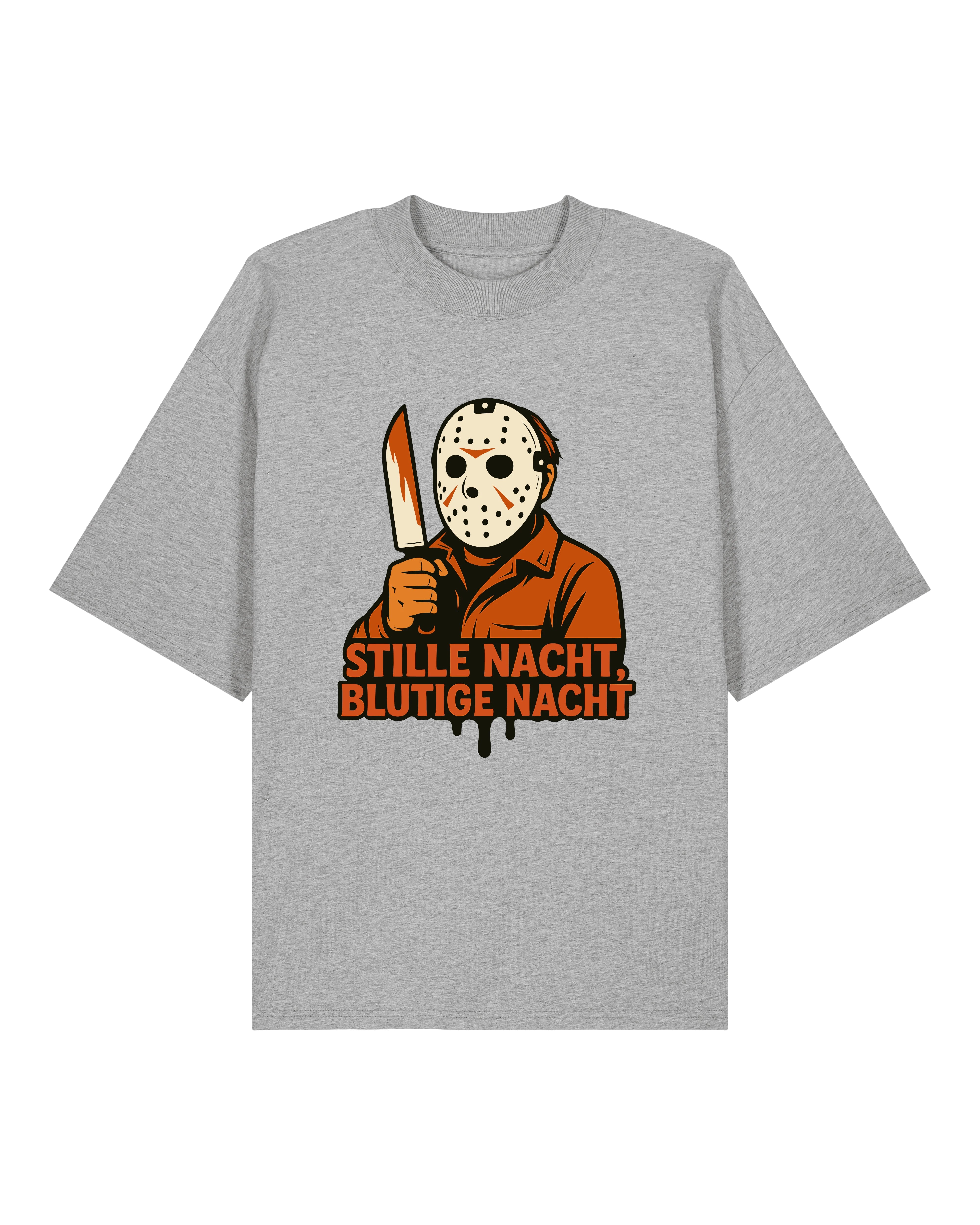 Graues Oversized Horror Shirt von Teeflix mit Maske und Spruch "Stille Nacht, Blutige Nacht"