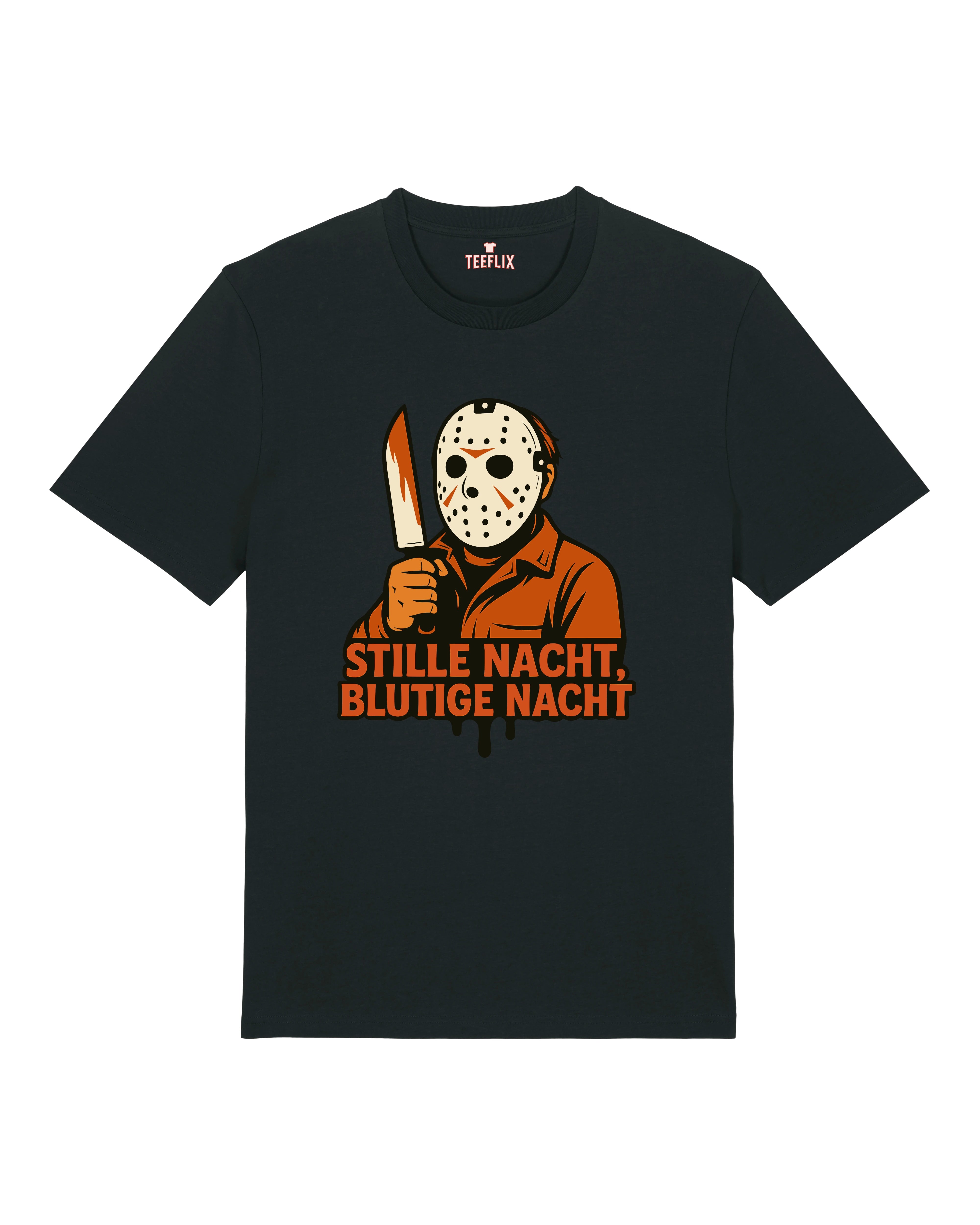 Schwarzes Horror Shirt von Teeflix mit Masken-Motiv und Spruch "Stille Nacht, Blutige Nacht" – Unisex Normal Fit