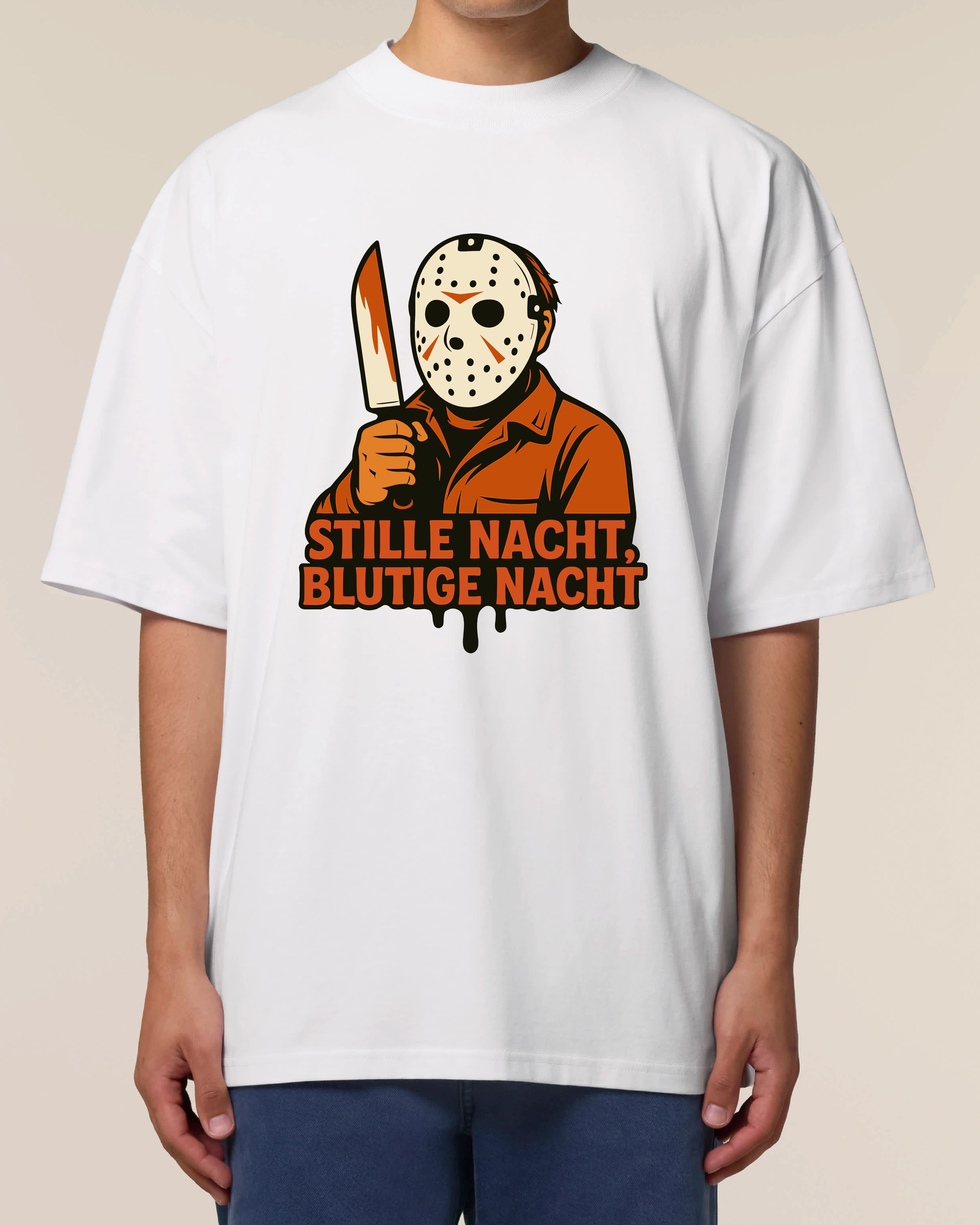 Weißes Oversized Horror T-Shirt für Herren von Teeflix mit Maske und Spruch "Stille Nacht, Blutige Nacht"