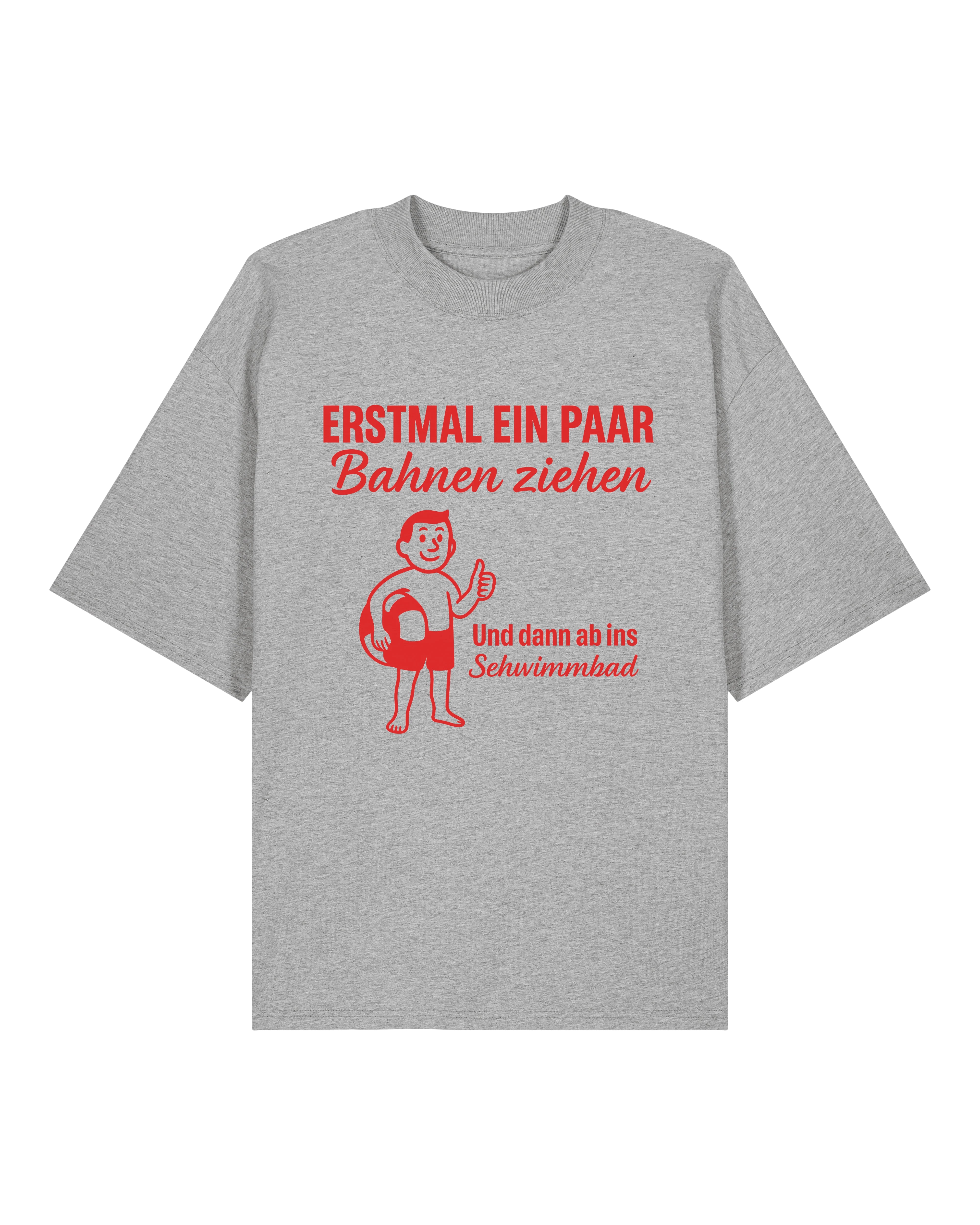 Oversized Funshirt in Grau von Teeflix – Sprüche T-Shirt „Erstmal ein paar Bahnen ziehen“, schwarzer Humor Shirt aus Bio-Baumwolle