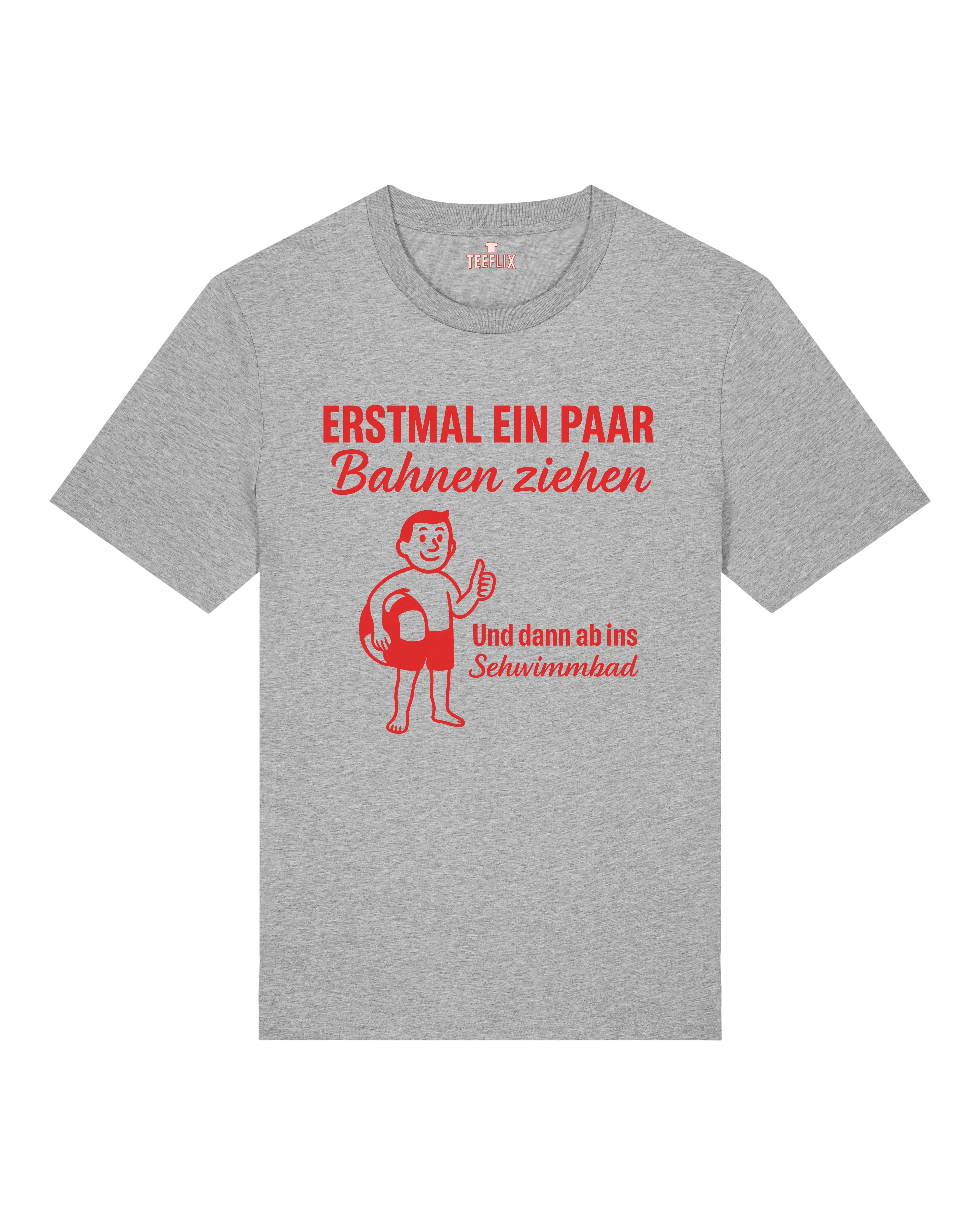 Oversized Funshirt in Grau von Teeflix – Sprüche T-Shirt „Erstmal ein paar Bahnen ziehen“, schwarzer Humor Shirt aus Bio-Baumwolle