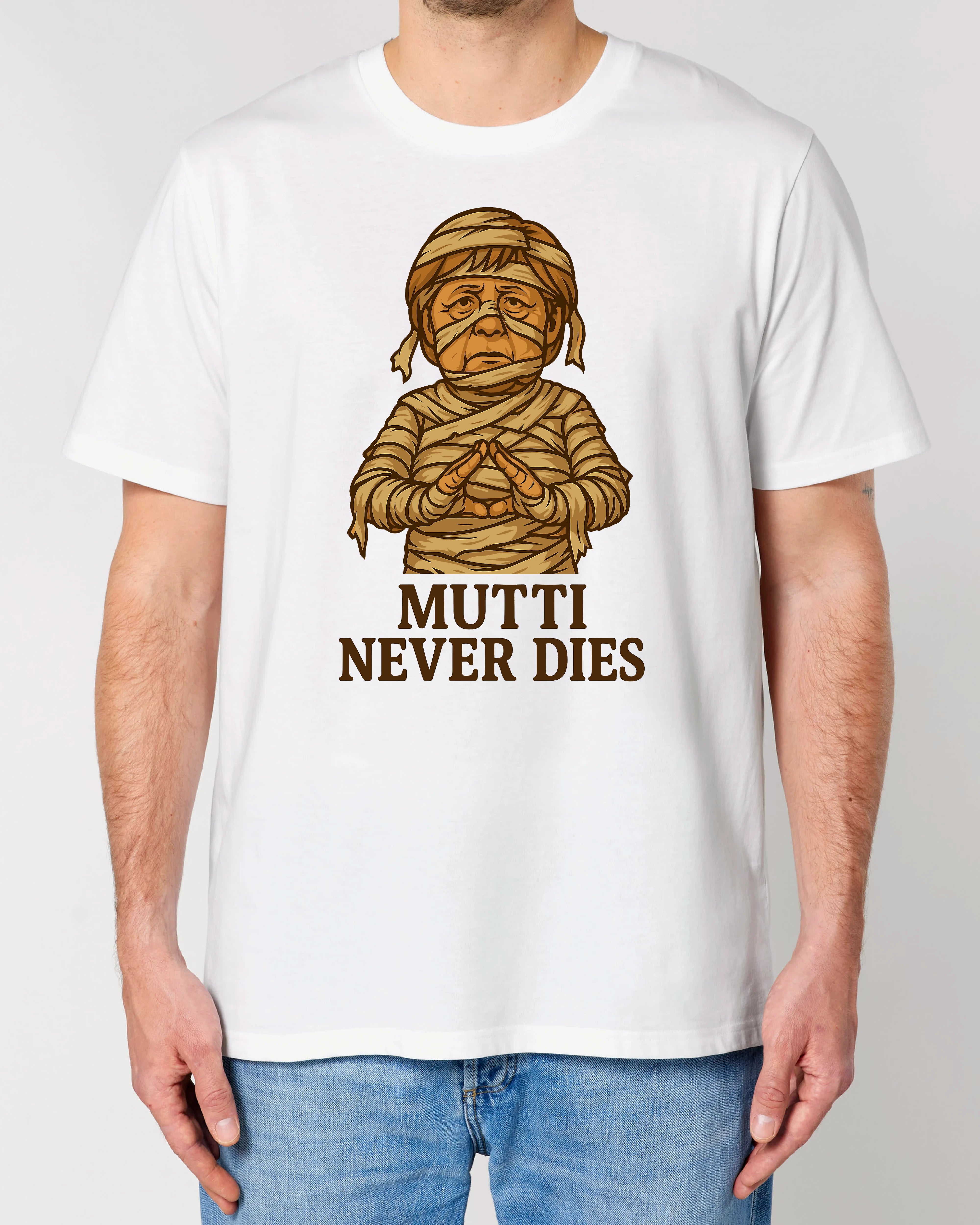 Weißes Halloween Shirt mit Angela Merkel als Mumie – Unisex – Teeflix