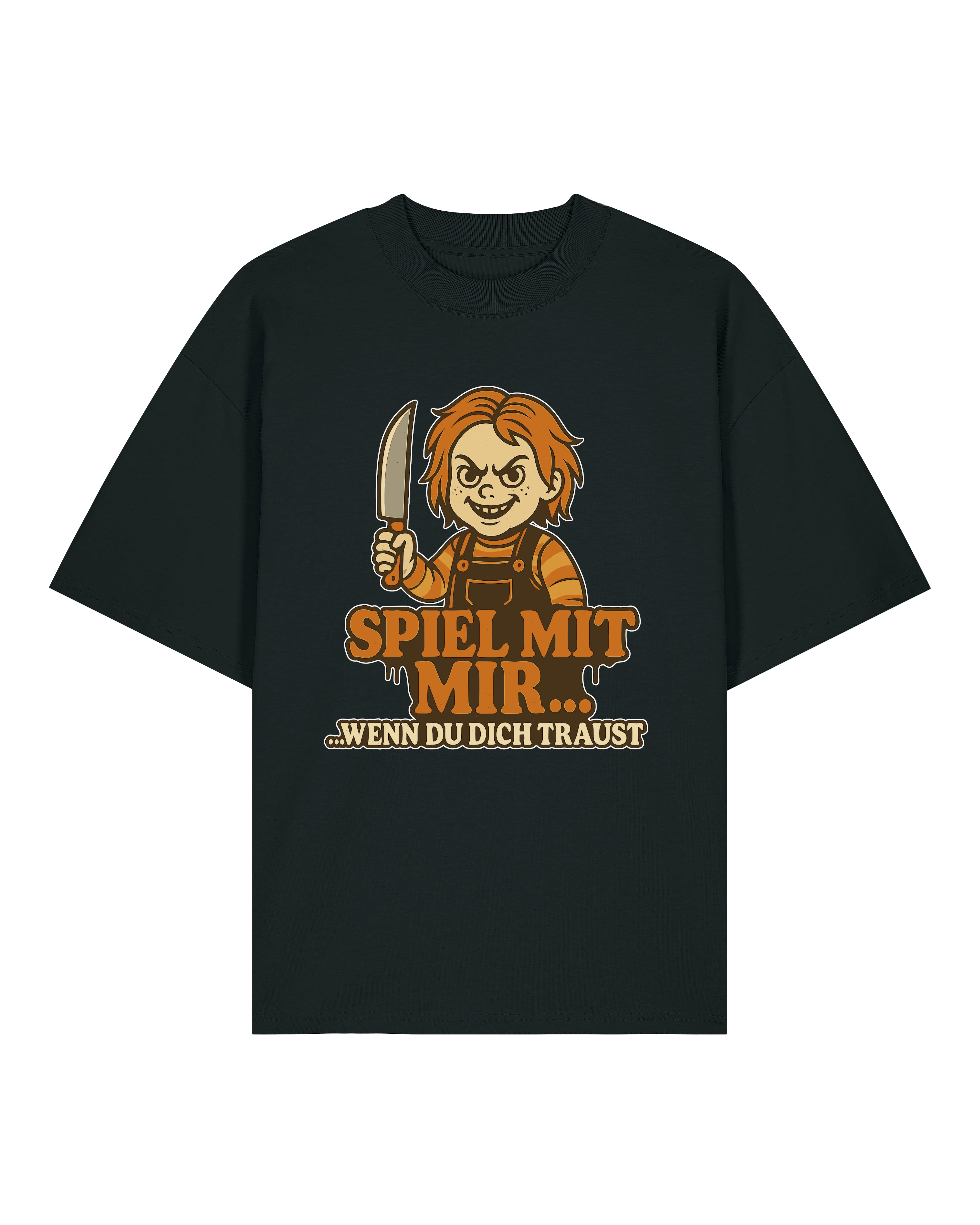 Oversized schwarzes Halloween Shirt mit Messer-Puppe Motiv – Teeflix