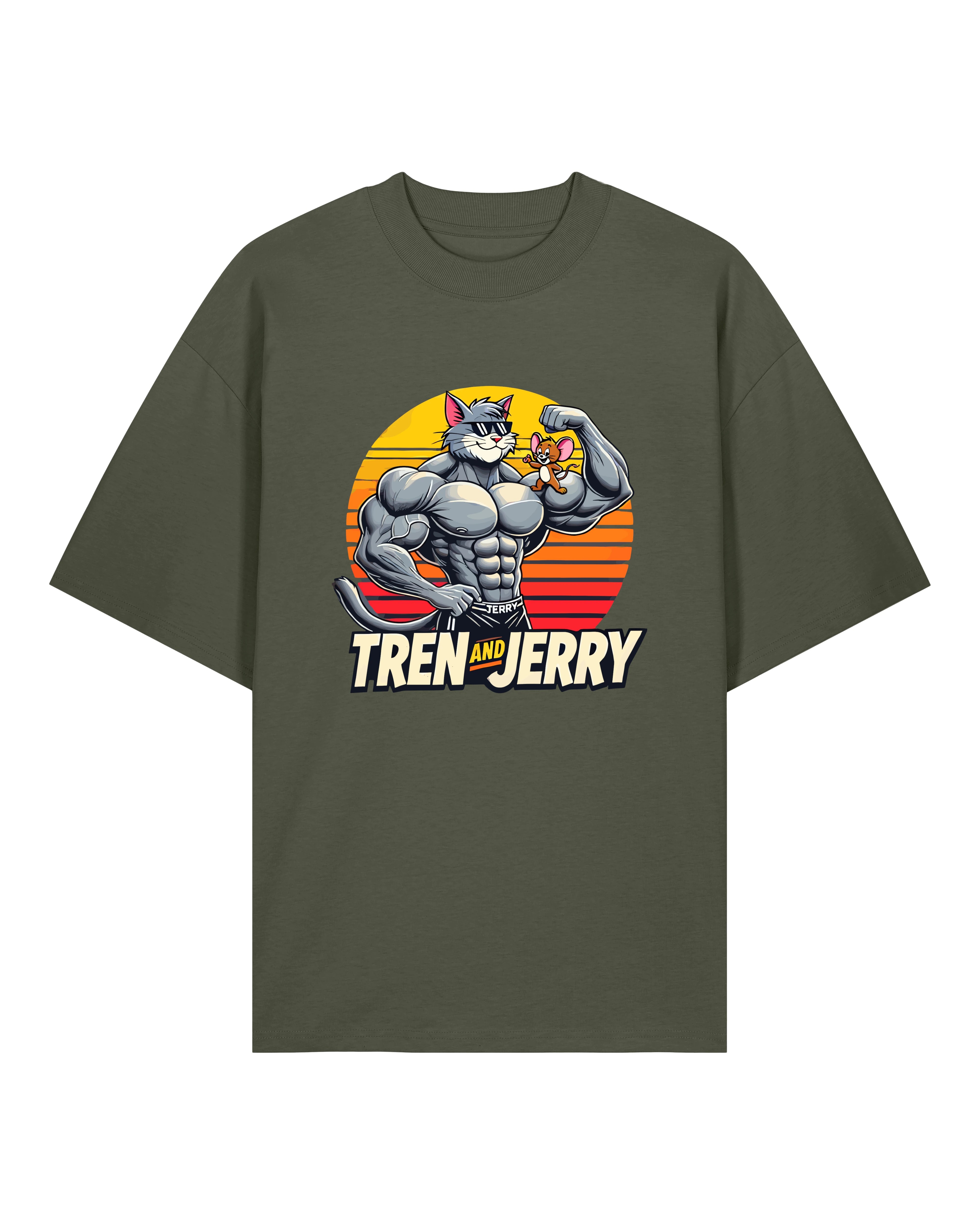 Tren and Jerry Pump Cover Shirt in Olivgrün – Lustiges Pump Cover T-Shirt fürs Training
