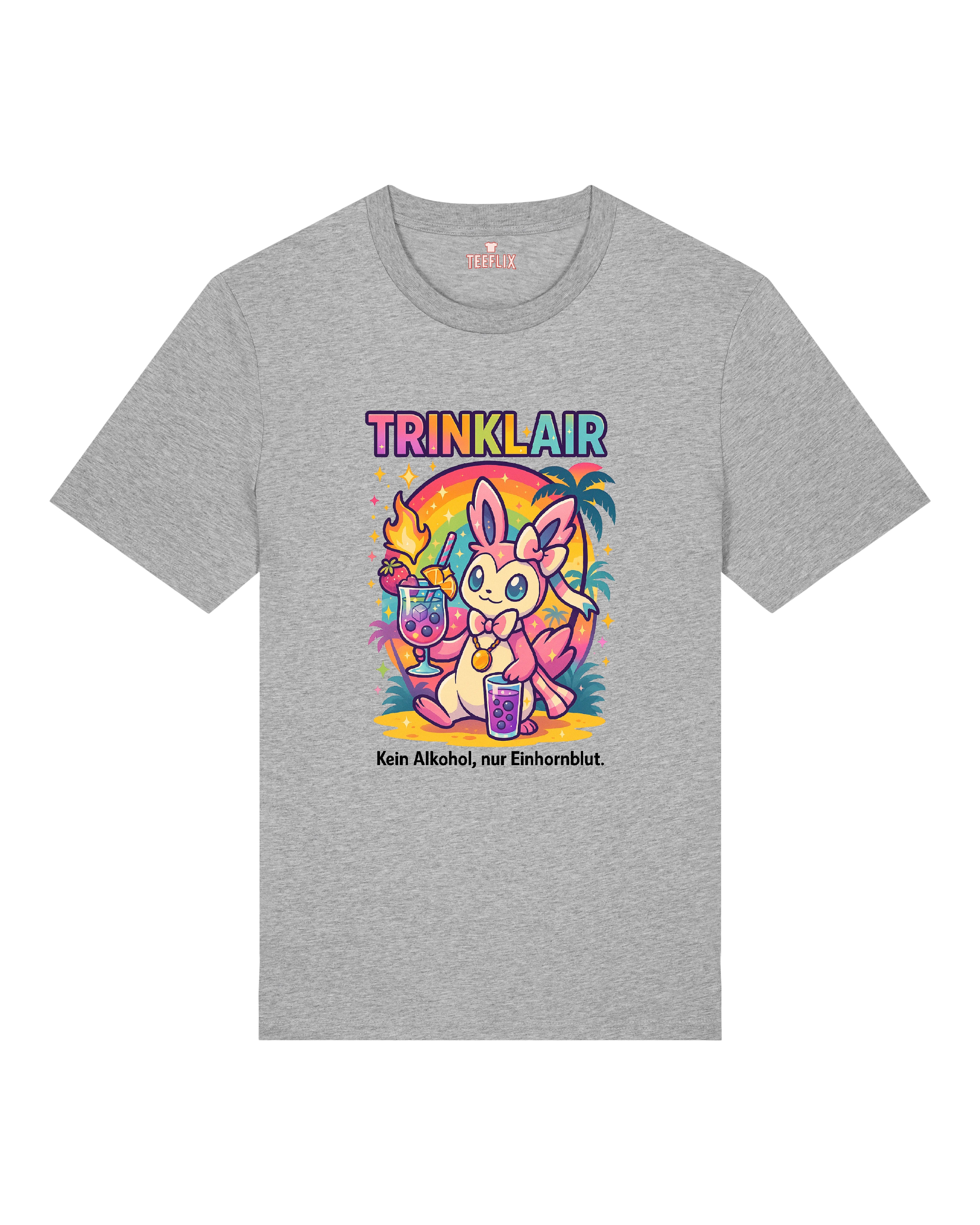 Graues Einhorn T-Shirt „Trinklair“ mit Regenbogenfarben und lustigem Spruch