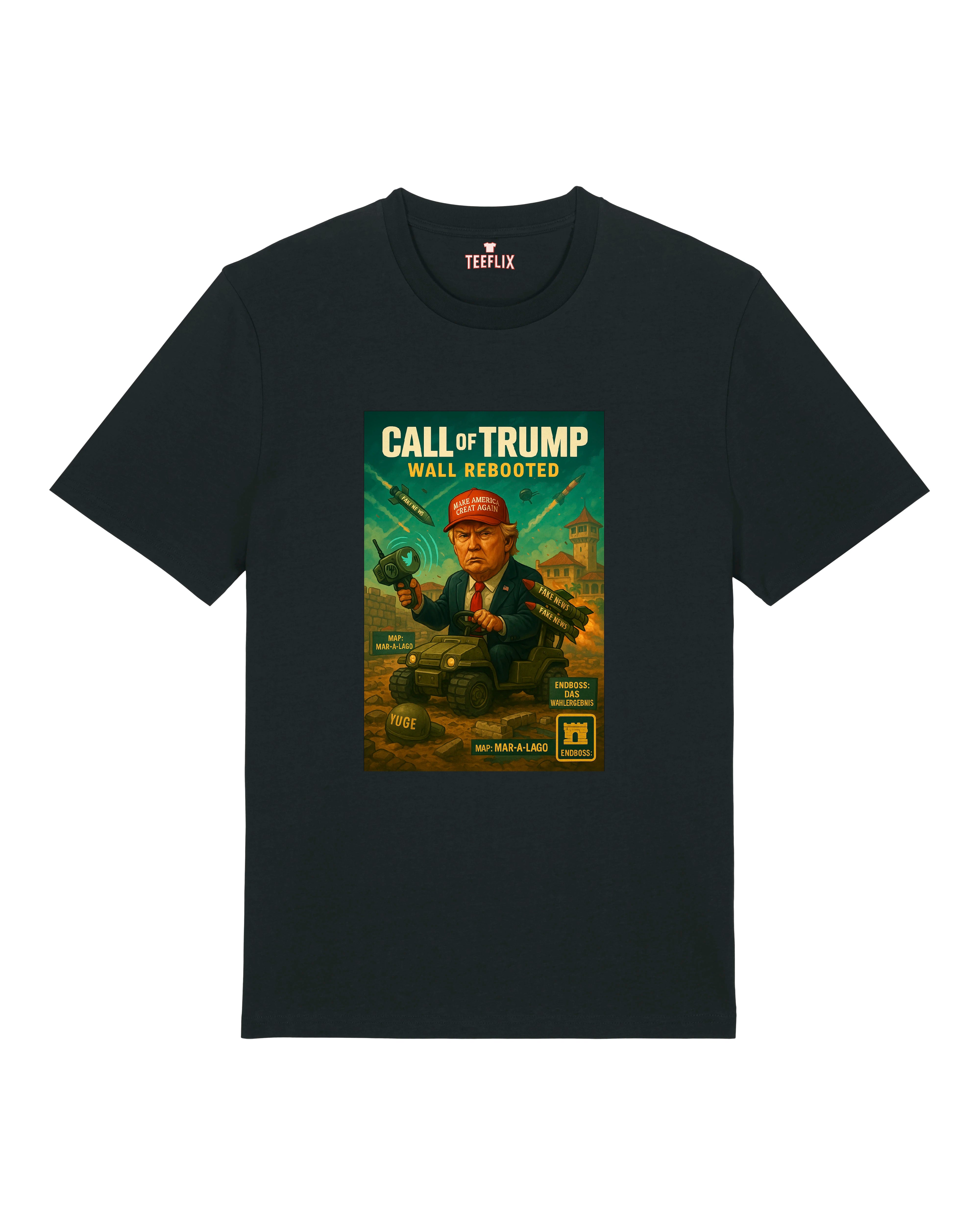 Schwarzes T-Shirt mit Donald Trump Parodie "Call of Trump – Wall Rebooted" Motiv