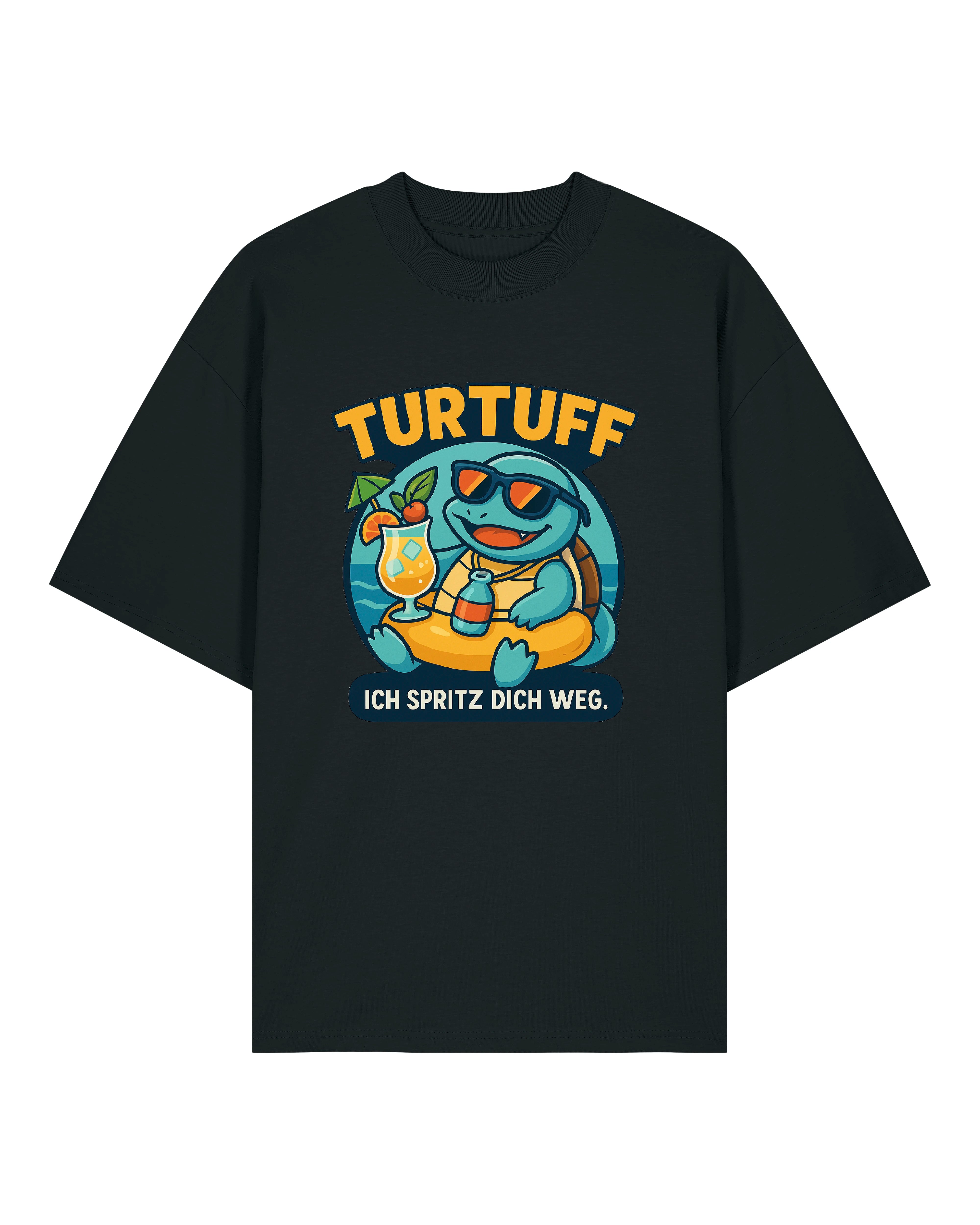 Schwarzes T-Shirt mit TURTUFF Design – Sommer, chillige Schildkröte, Drink