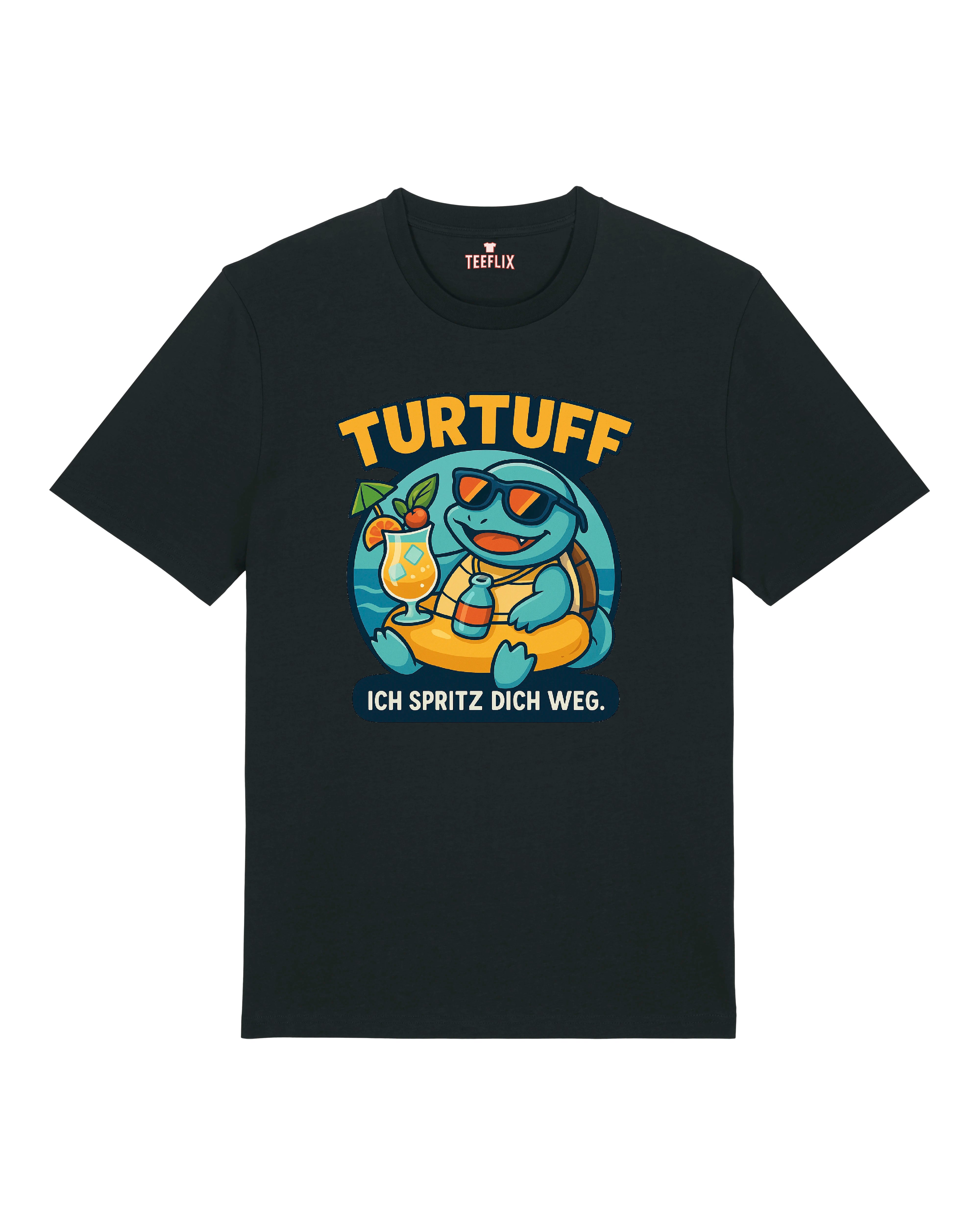 Schwarzes T-Shirt mit TURTUFF Design – Sommer, chillige Schildkröte, Drink