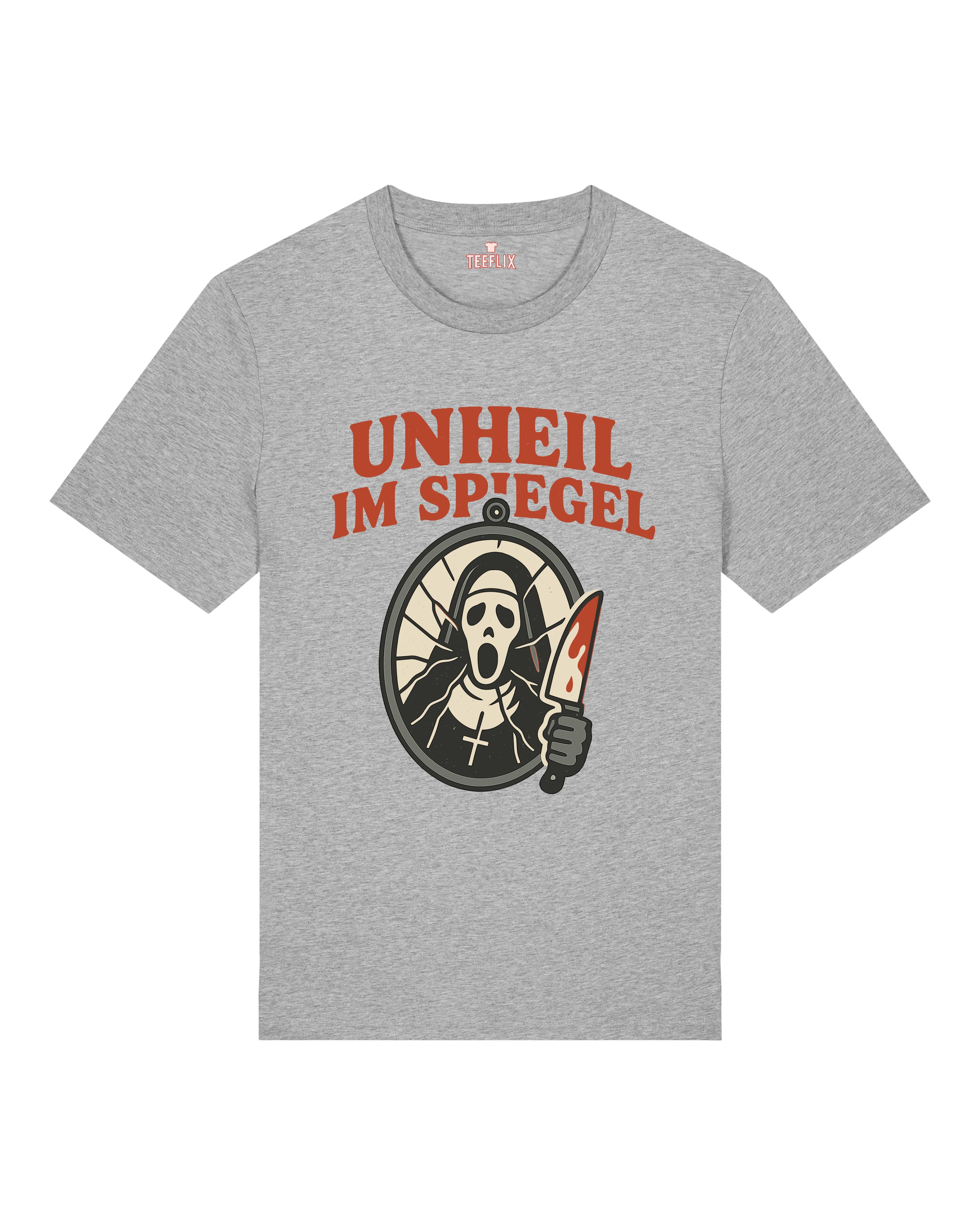Lustiges Horror Sprüche T-Shirt "Unheil im Spiegel", grau, Halloween Style – Teeflix