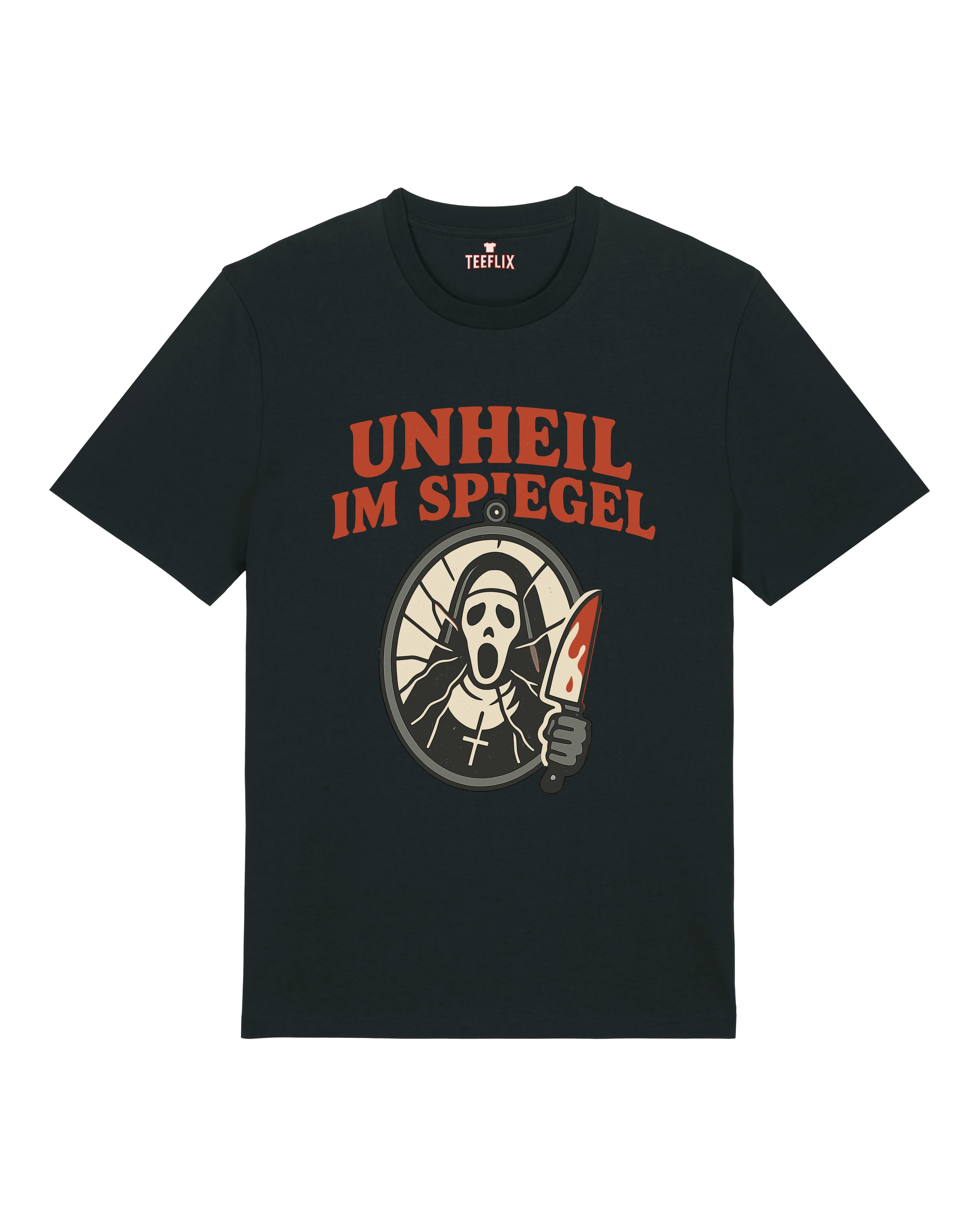 Schwarzes Halloween Shirt mit Horror Spiegel-Design und Maske – Teeflix Bio Baumwolle