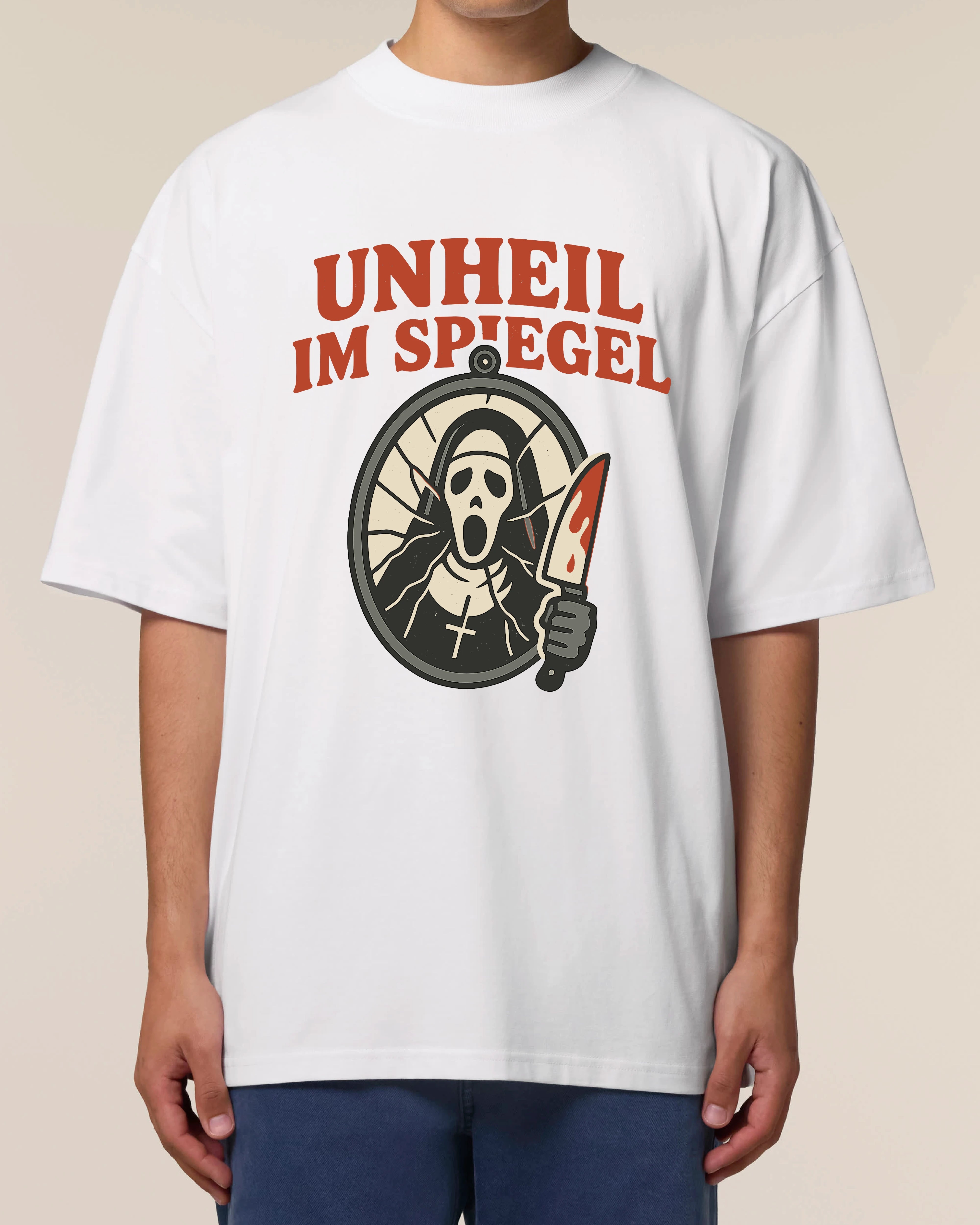 Halloween Oversized T-Shirt mit Horror-Design, witziger Spruch und Gruselmaske – Teeflix