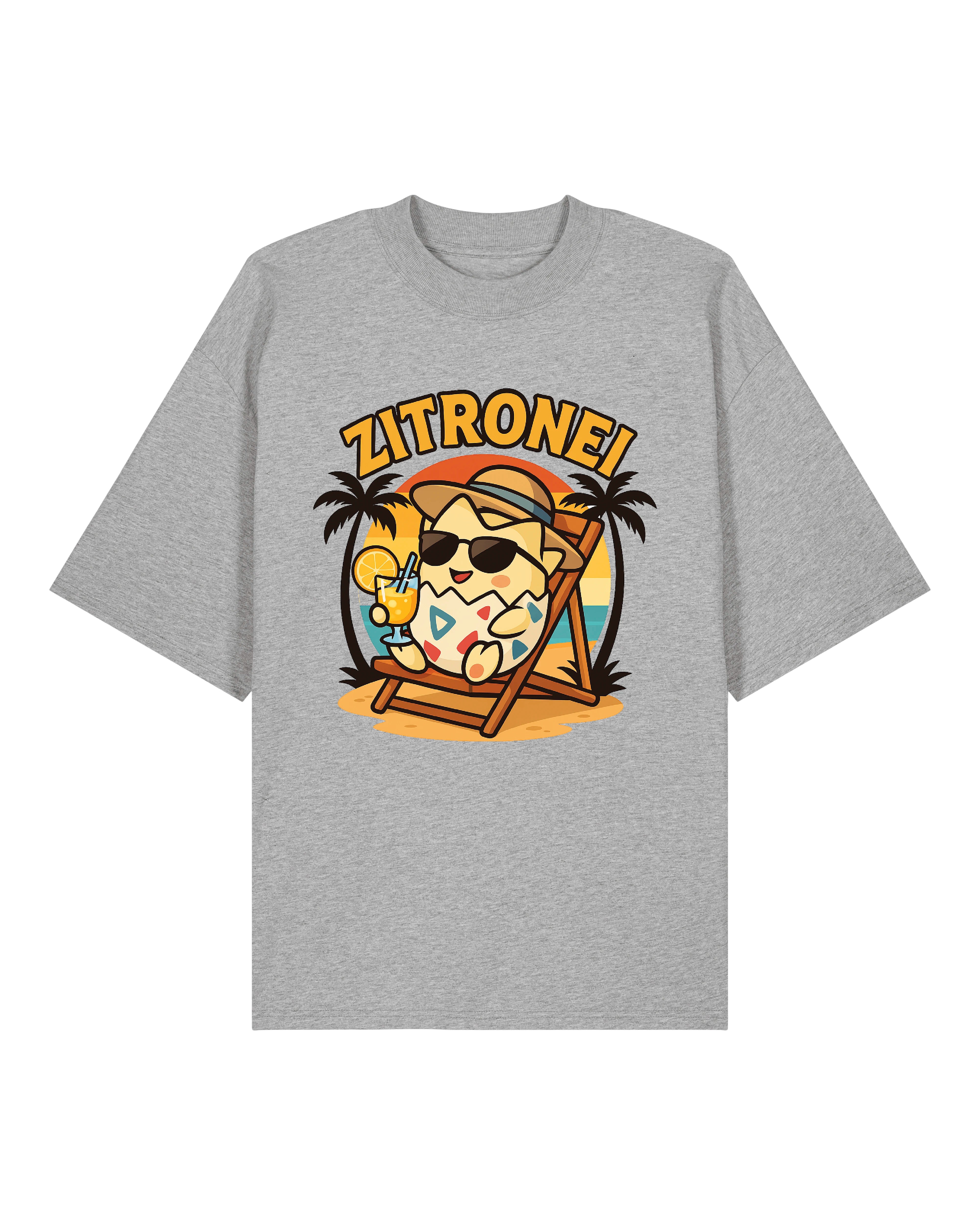Zitronei T-Shirt in Grau – cooles Sommer-Ei-Design mit Sonnenbrille, Drink und Palmen-Vibes.