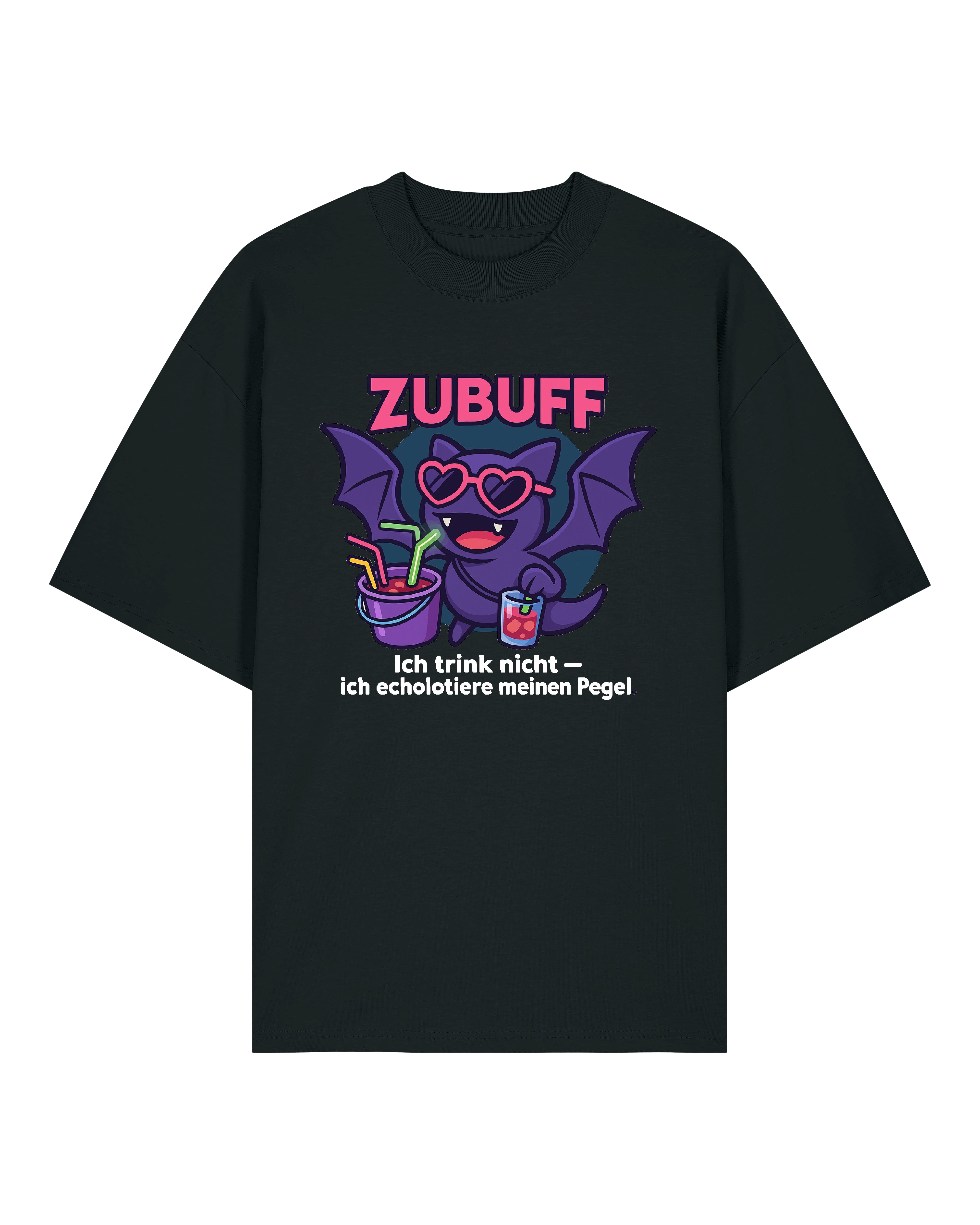Schwarzes Zubuff T-Shirt mit Fledermaus, Sonnenbrille und Drinks