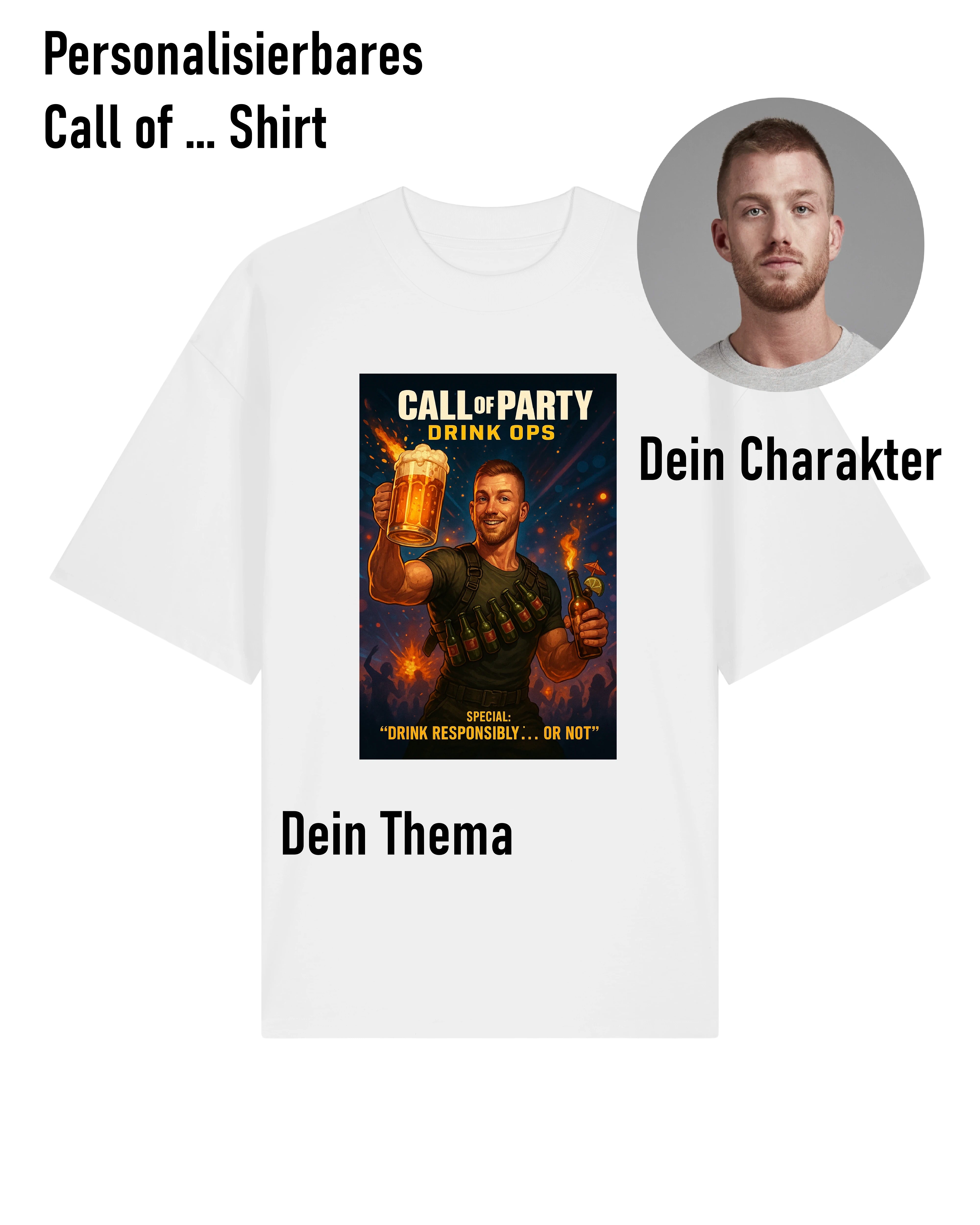 Personalisierbares T-Shirt im Gaming-Stil mit humorvollem Charakterdesign, inspiriert von Shooter-Spielen – finale Gestaltung durch den Shop.