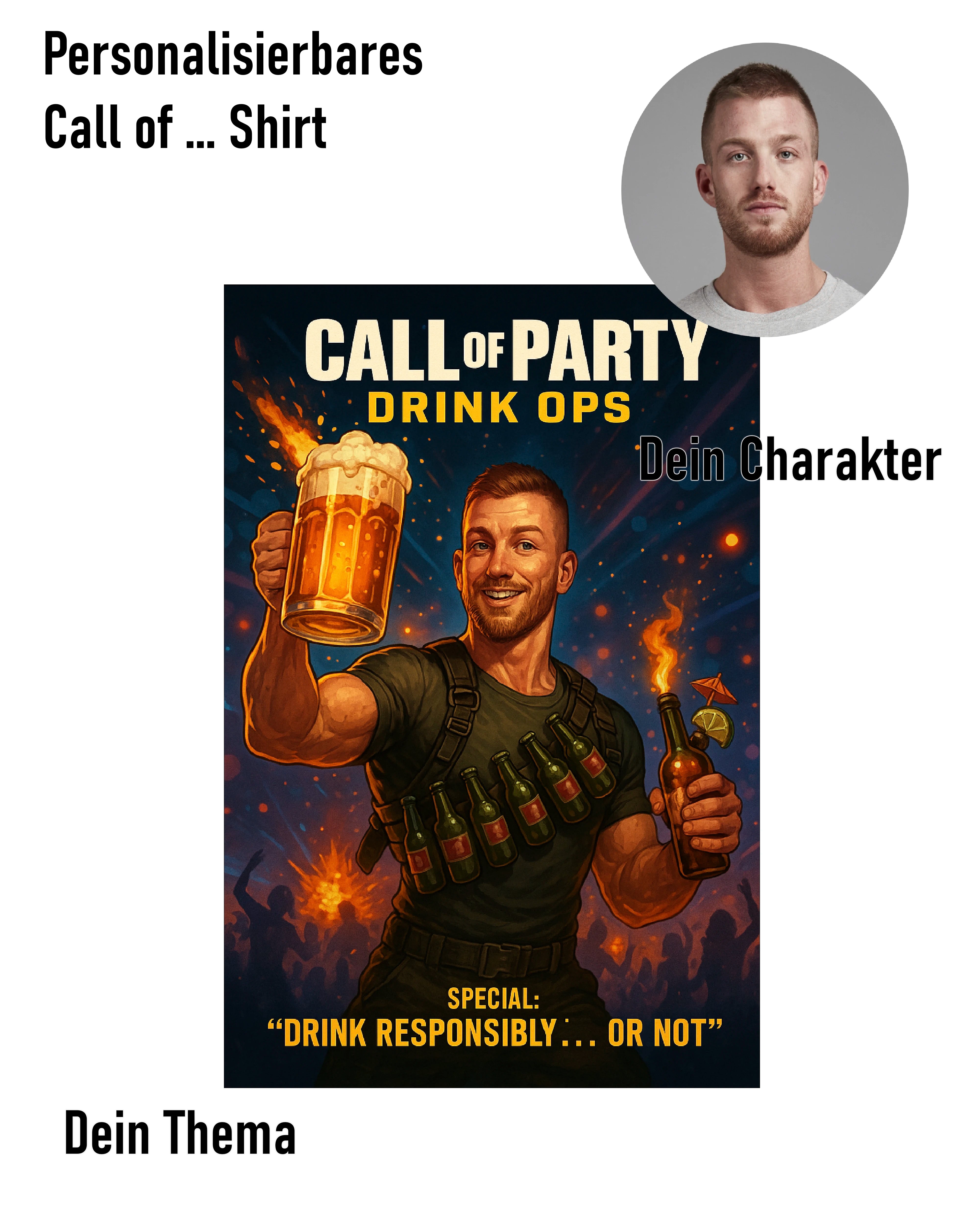 Personalisierbares T-Shirt im Gaming-Stil mit humorvollem Charakterdesign, inspiriert von Shooter-Spielen – finale Gestaltung durch den Shop.