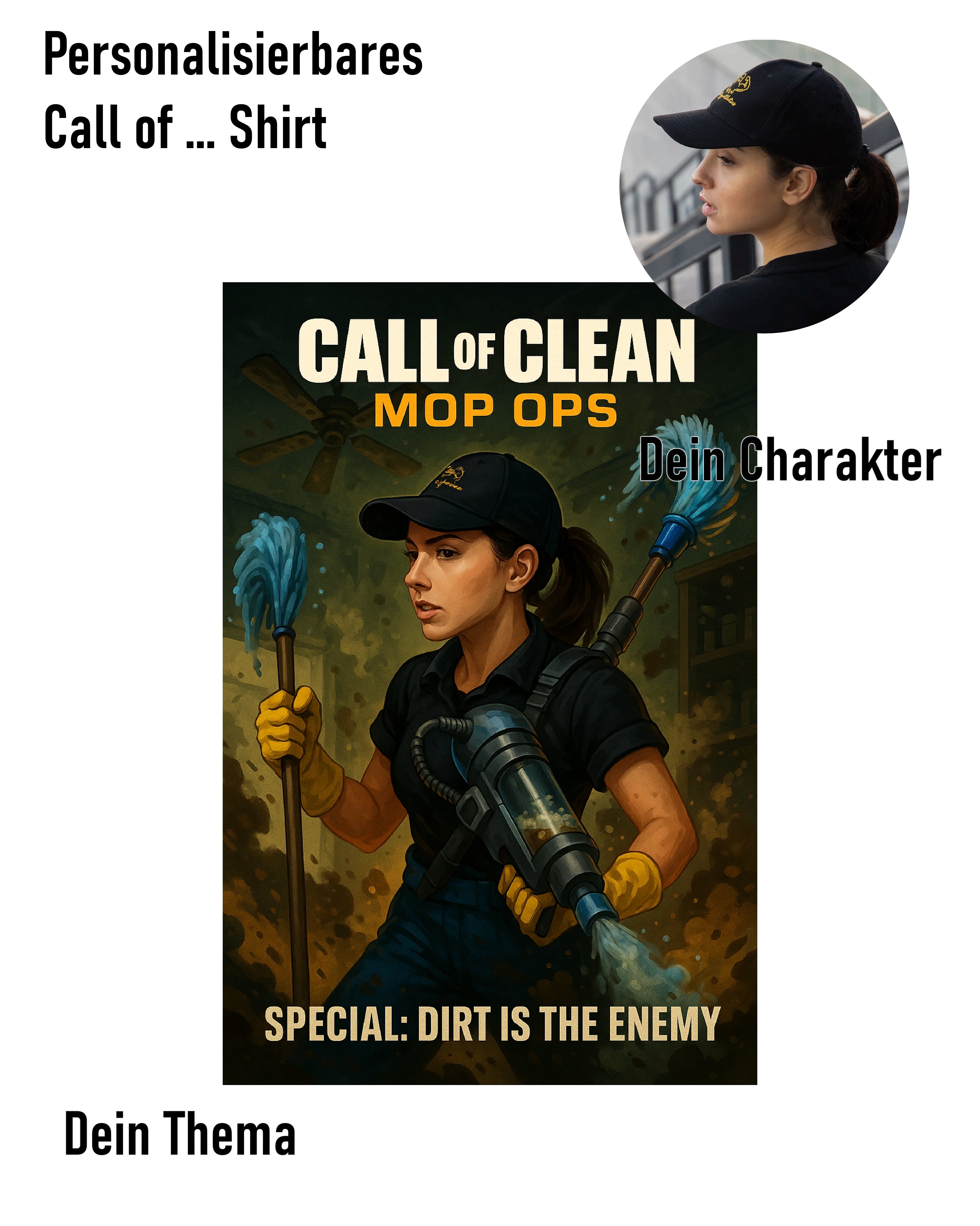 Personalisierbares T-Shirt im Gaming-Stil mit humorvollem Charakterdesign, inspiriert von Shooter-Spielen – finale Gestaltung durch den Shop.