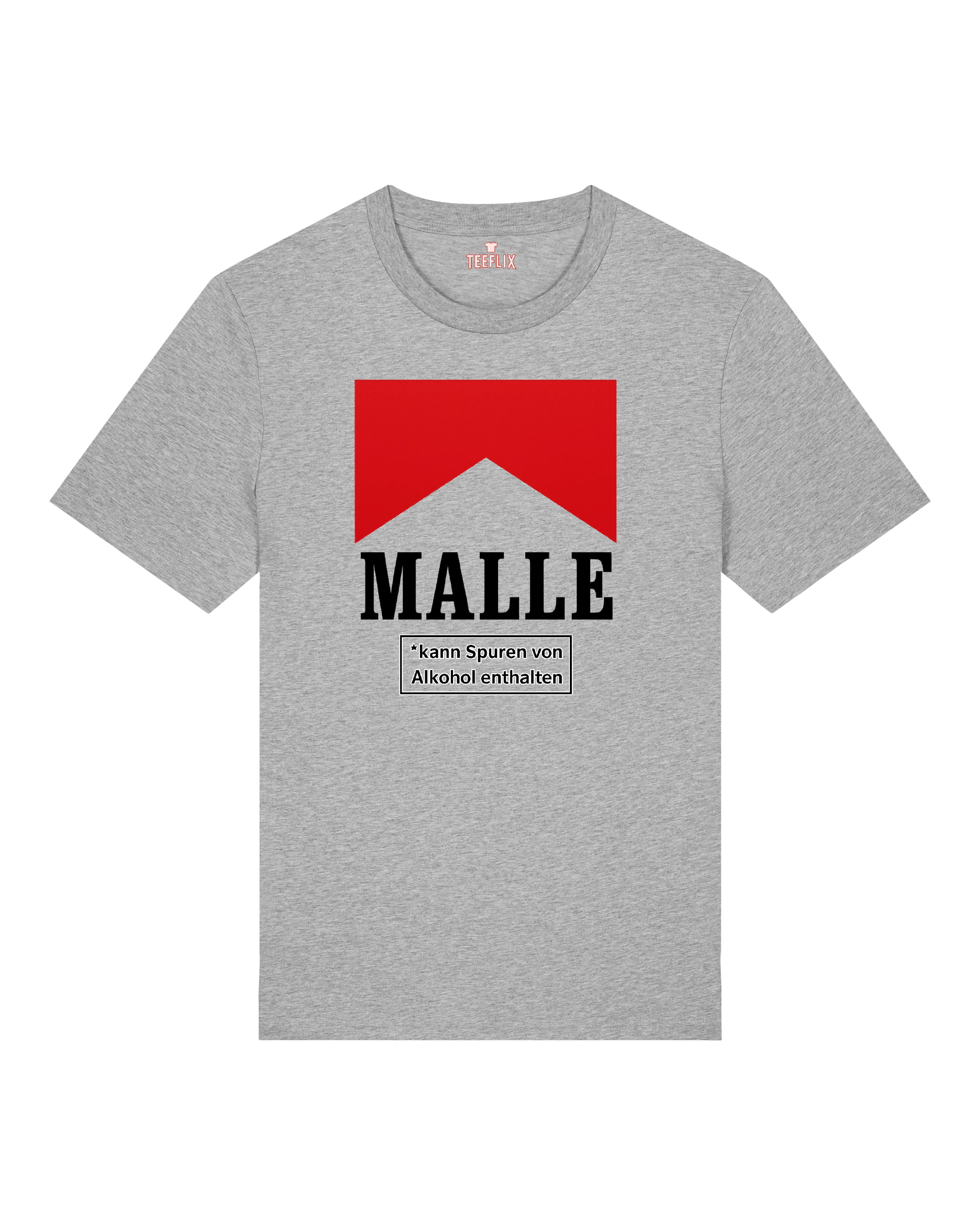 Graues T-Shirt „MALLE – kann Spuren von Alkohol enthalten“ – witziges Design für Mallorca-Fans.