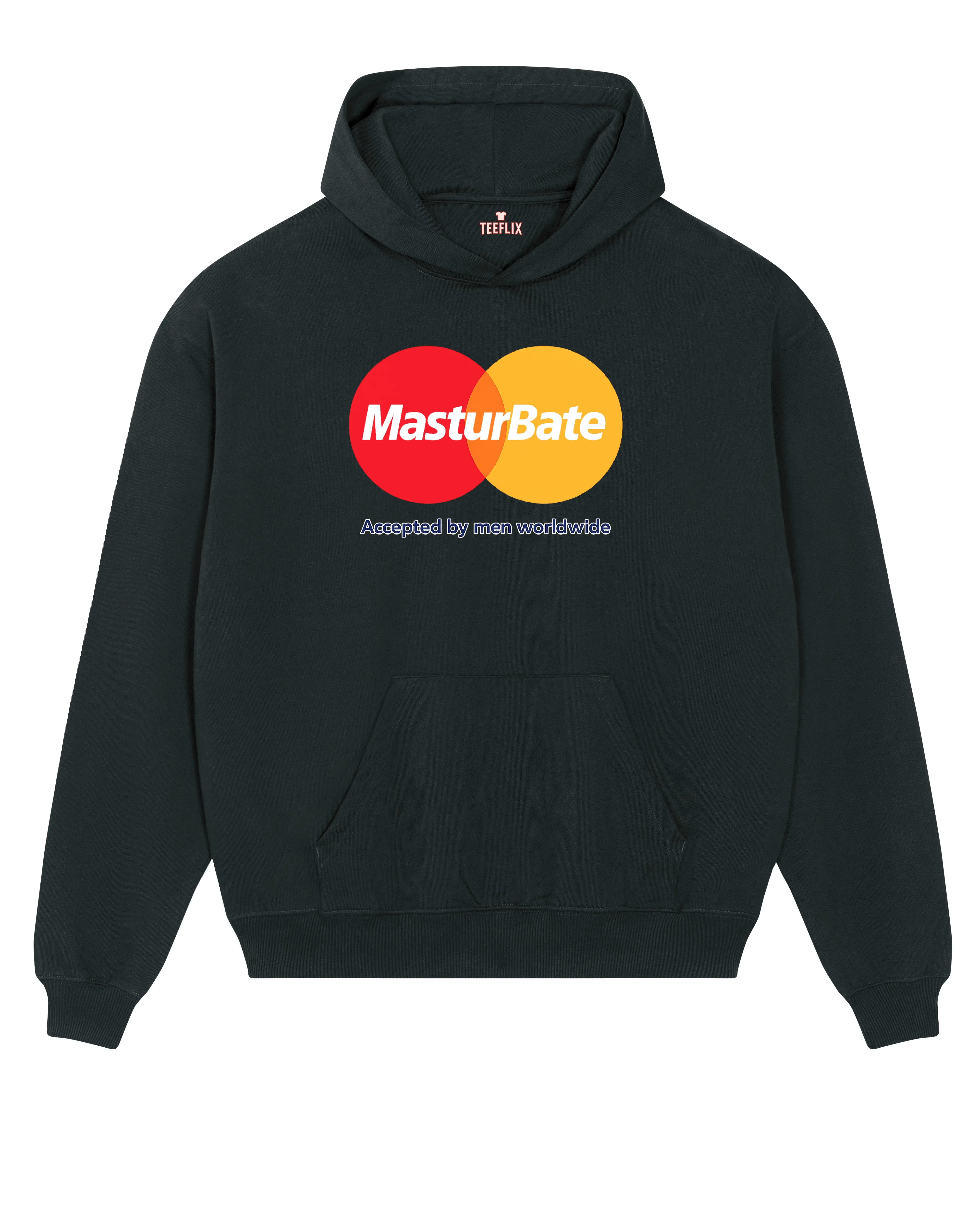 MasturBate Hoodie mit parodiertem Mastercard-Logo und dem Spruch „Accepted by men worldwide“ – in Weiß, Schwarz und Cremefarben.