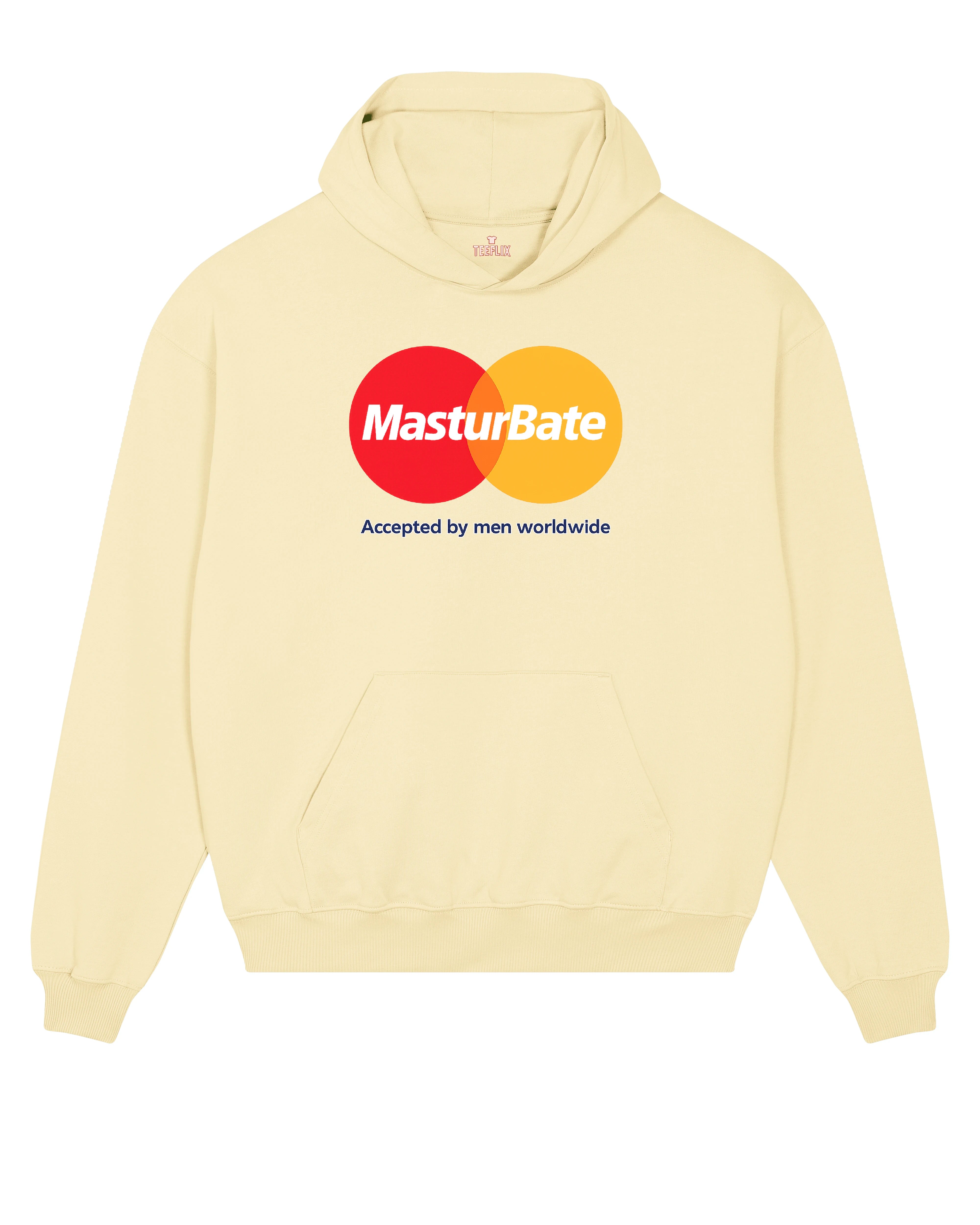 MasturBate Hoodie mit parodiertem Mastercard-Logo und dem Spruch „Accepted by men worldwide“ – in Weiß, Schwarz und Cremefarben.