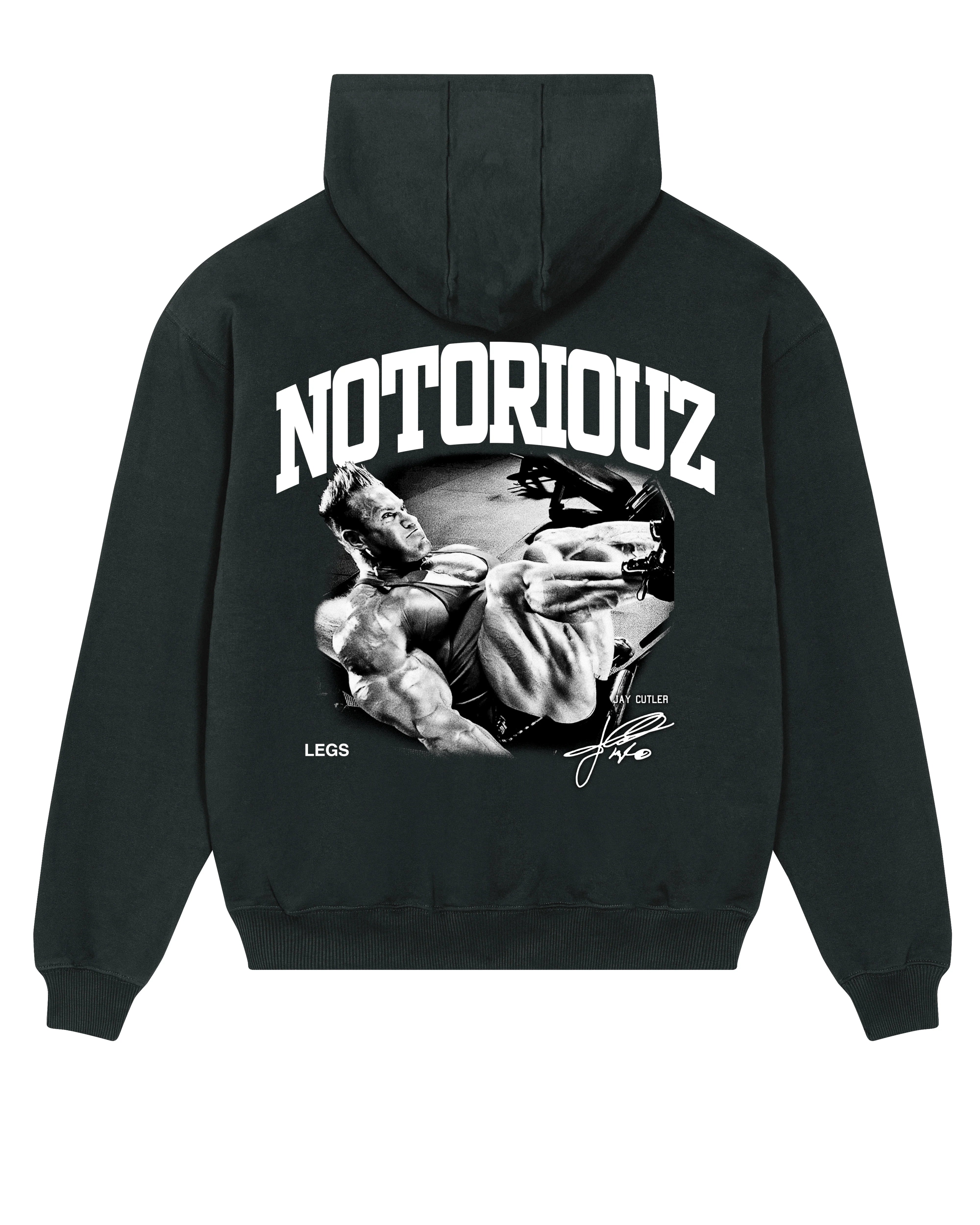 Rückenansicht des NOTORIOUZ Hoodies mit LEGS / NO EXCUSES Print