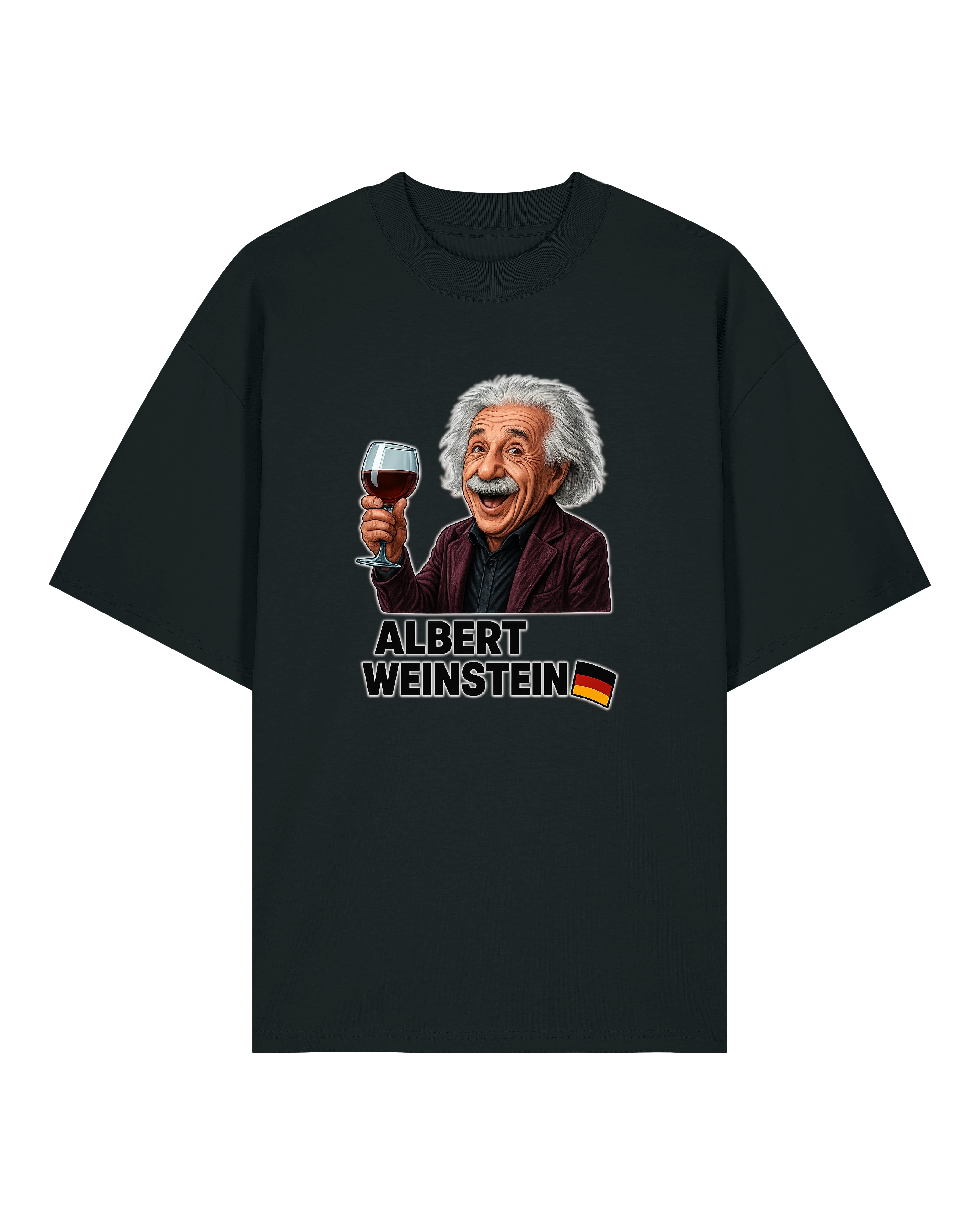 Schwarzes T-Shirt mit witzigem Albert-Weinstein-Weinmotiv