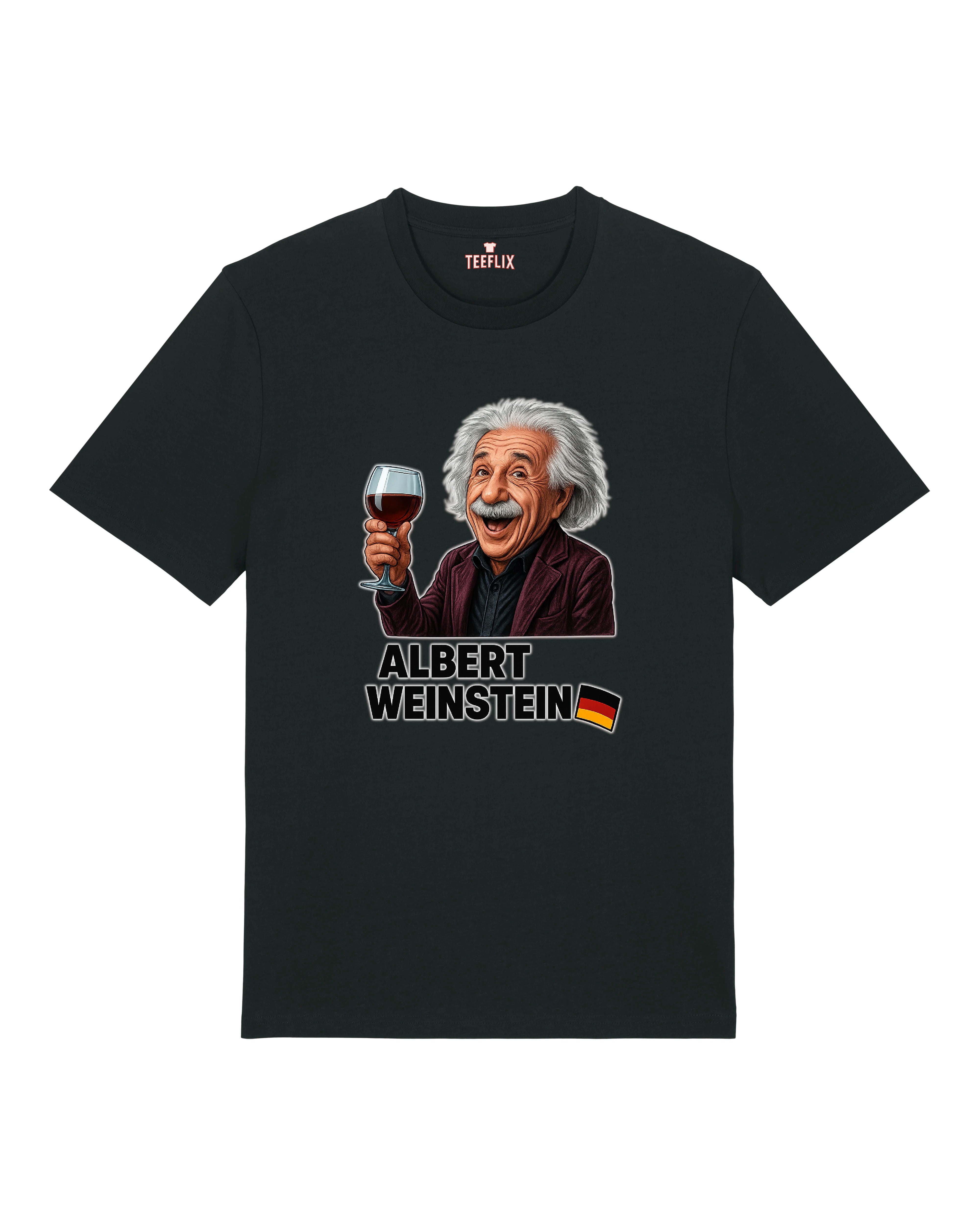 Schwarzes T-Shirt mit witzigem Albert-Weinstein-Weinmotiv
