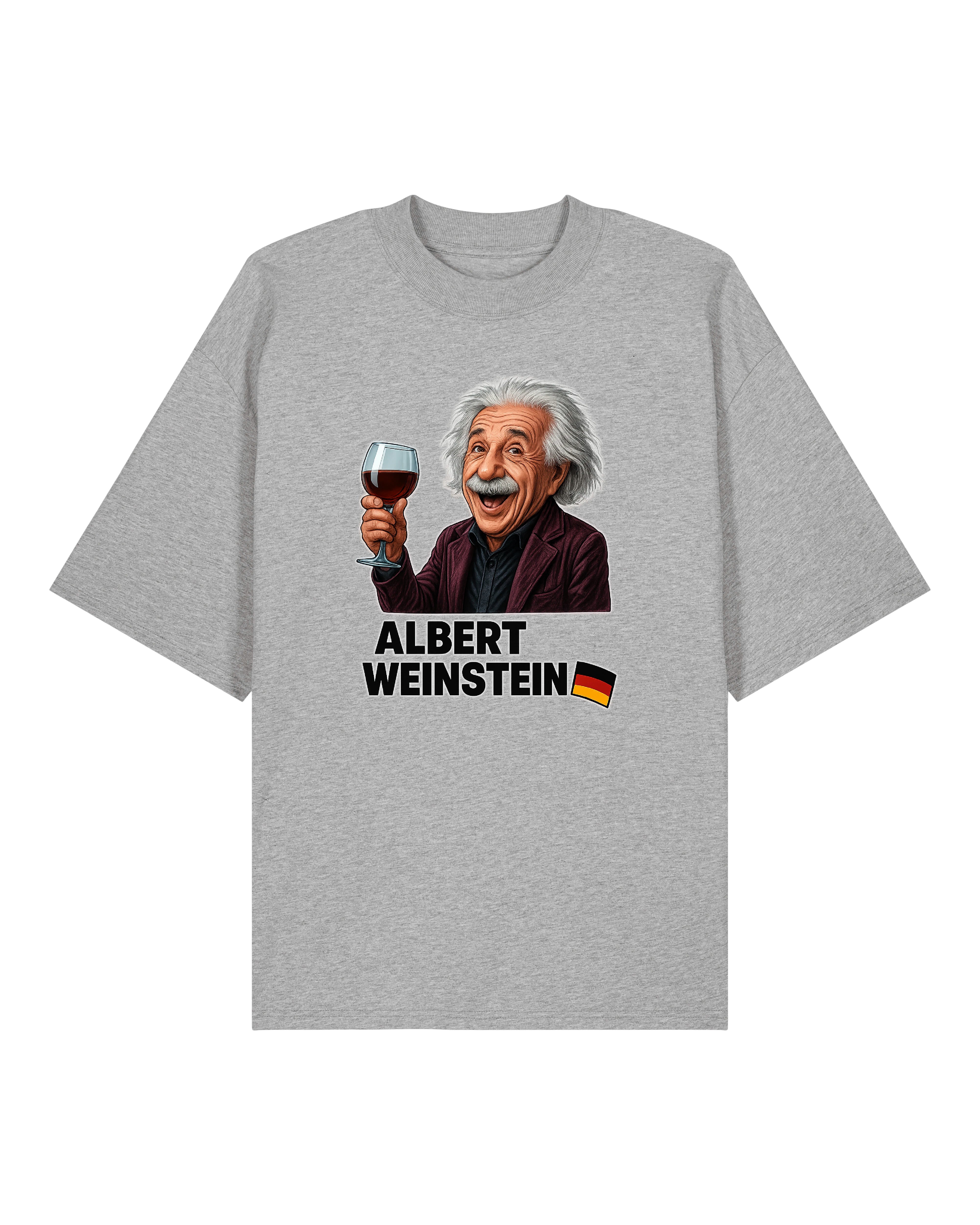 Graues Funshirt mit Einstein-Karikatur und Weinglas
