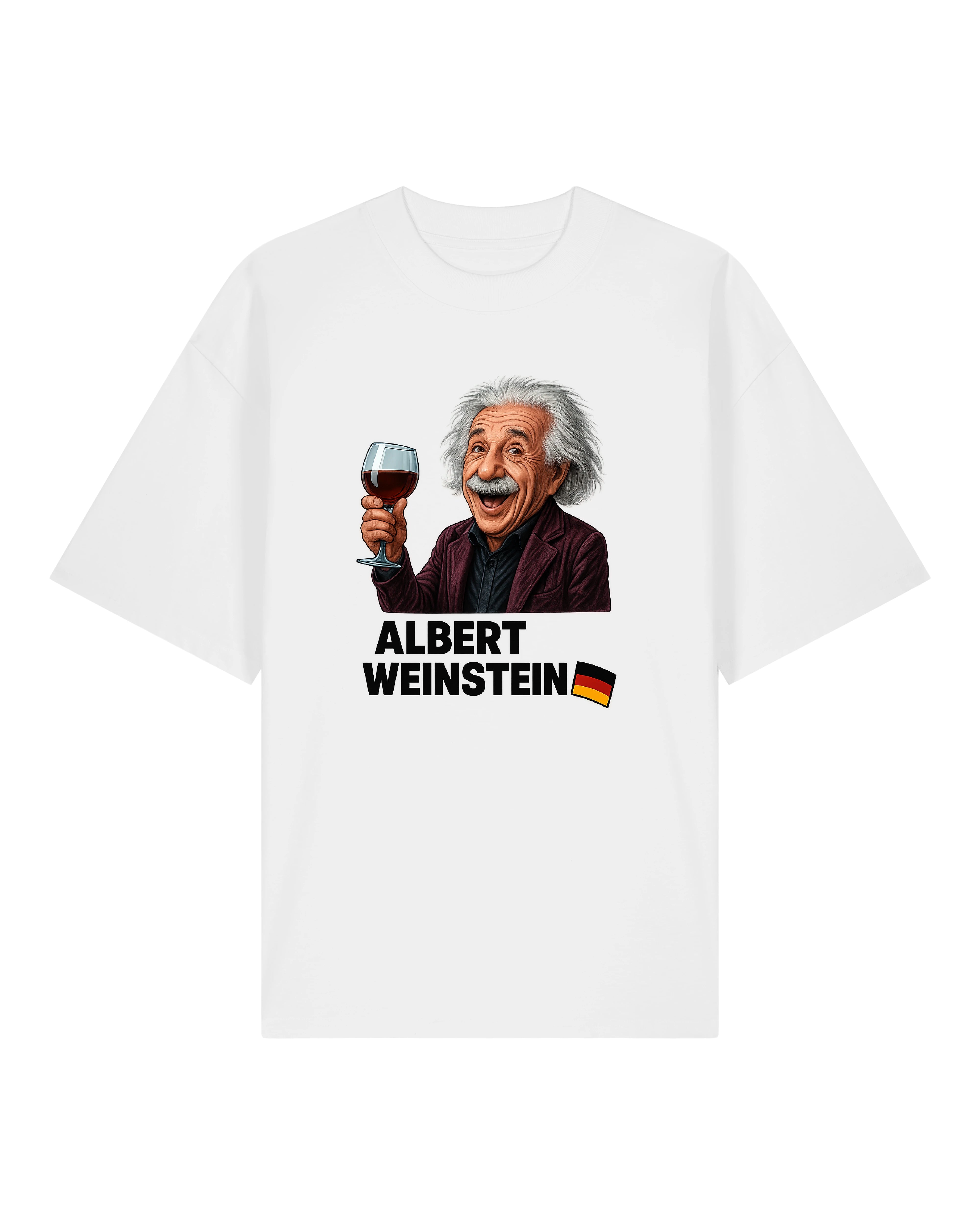 Weißes Shirt mit Cartoon von Albert Weinstein und Deutschland-Flagge