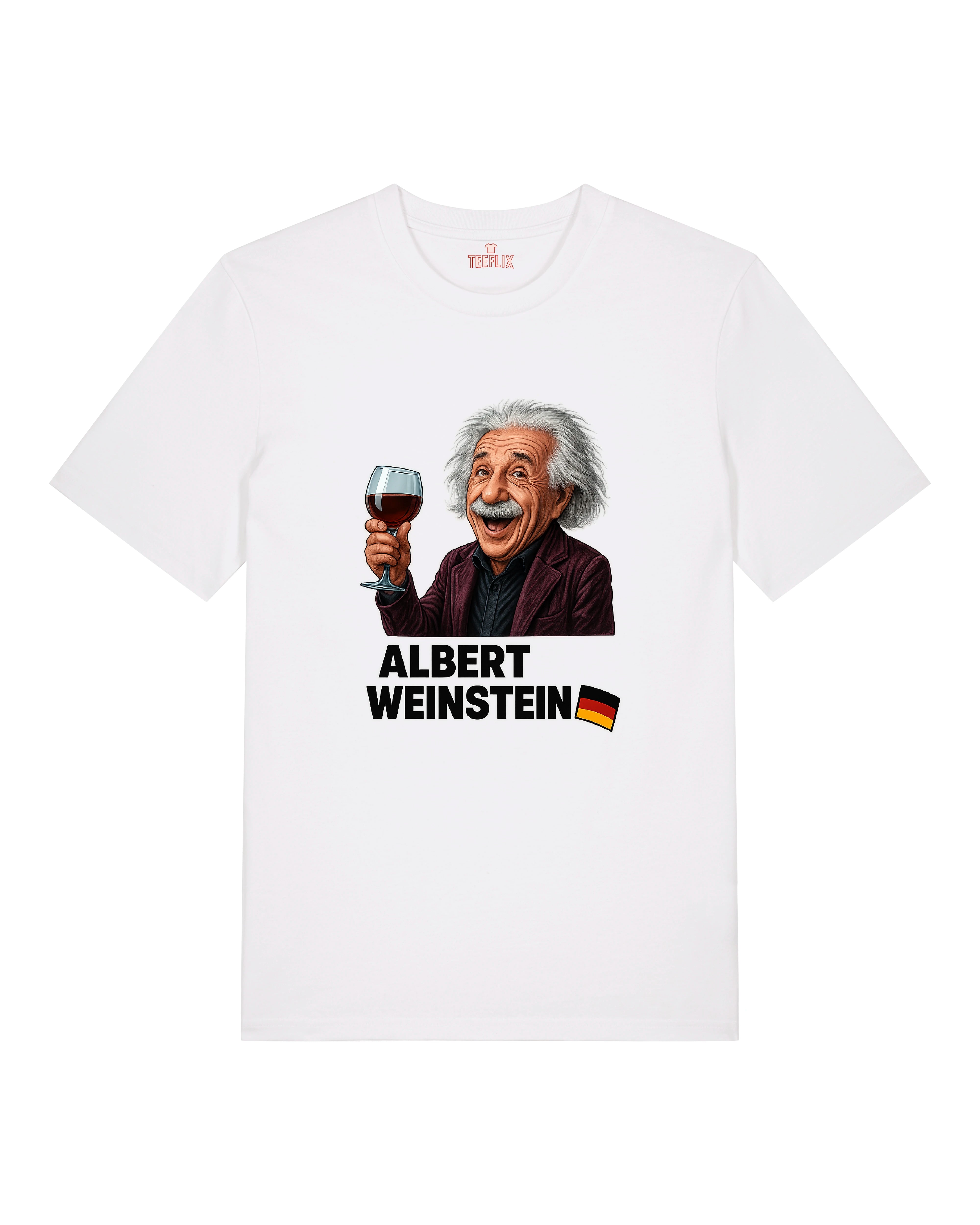Weißes Shirt mit Cartoon von Albert Weinstein und Deutschland-Flagge