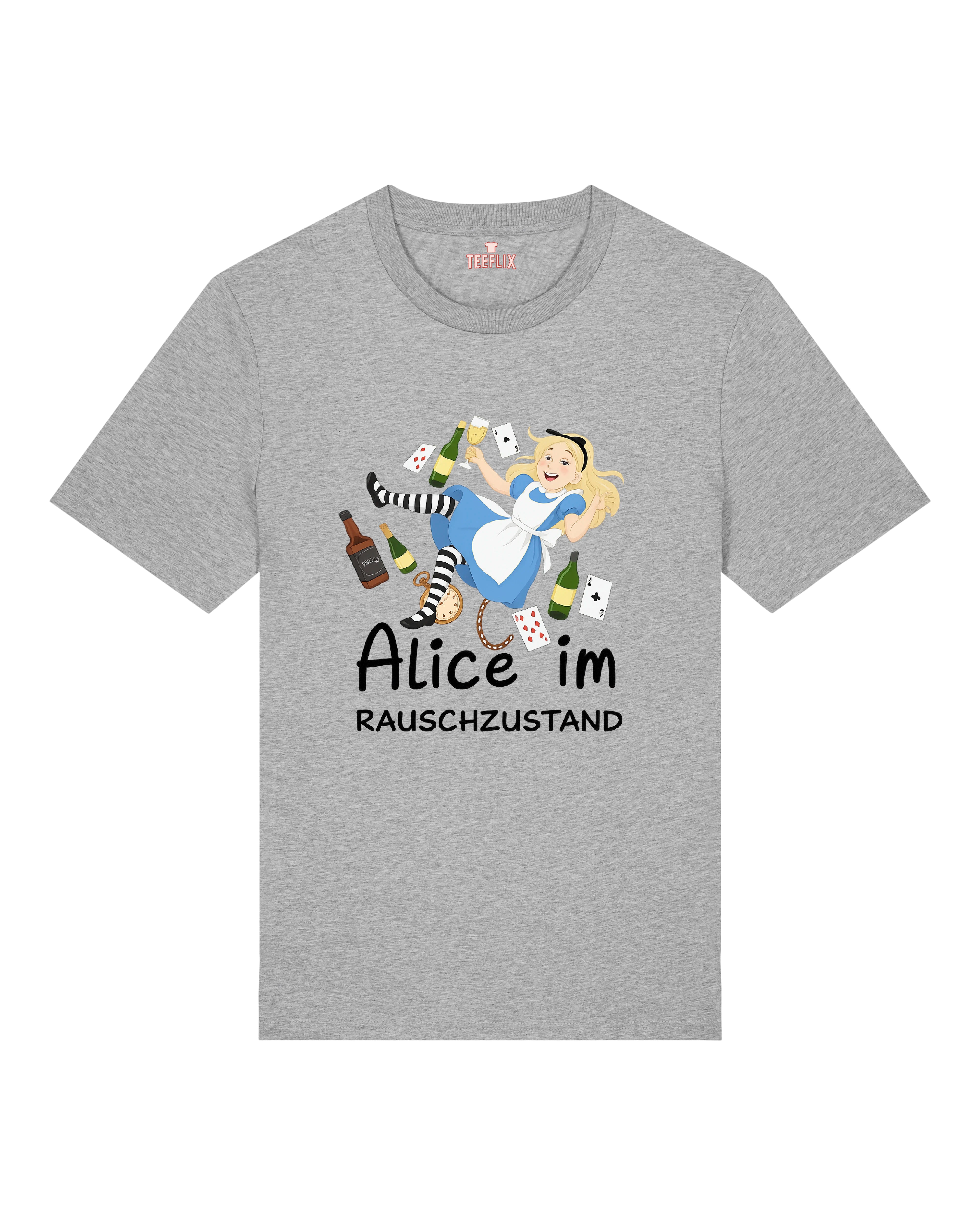 Graues Funshirt mit witziger Alice-Illustration im Rauschzustand – perfekt für Partys mit Märchenhumor.