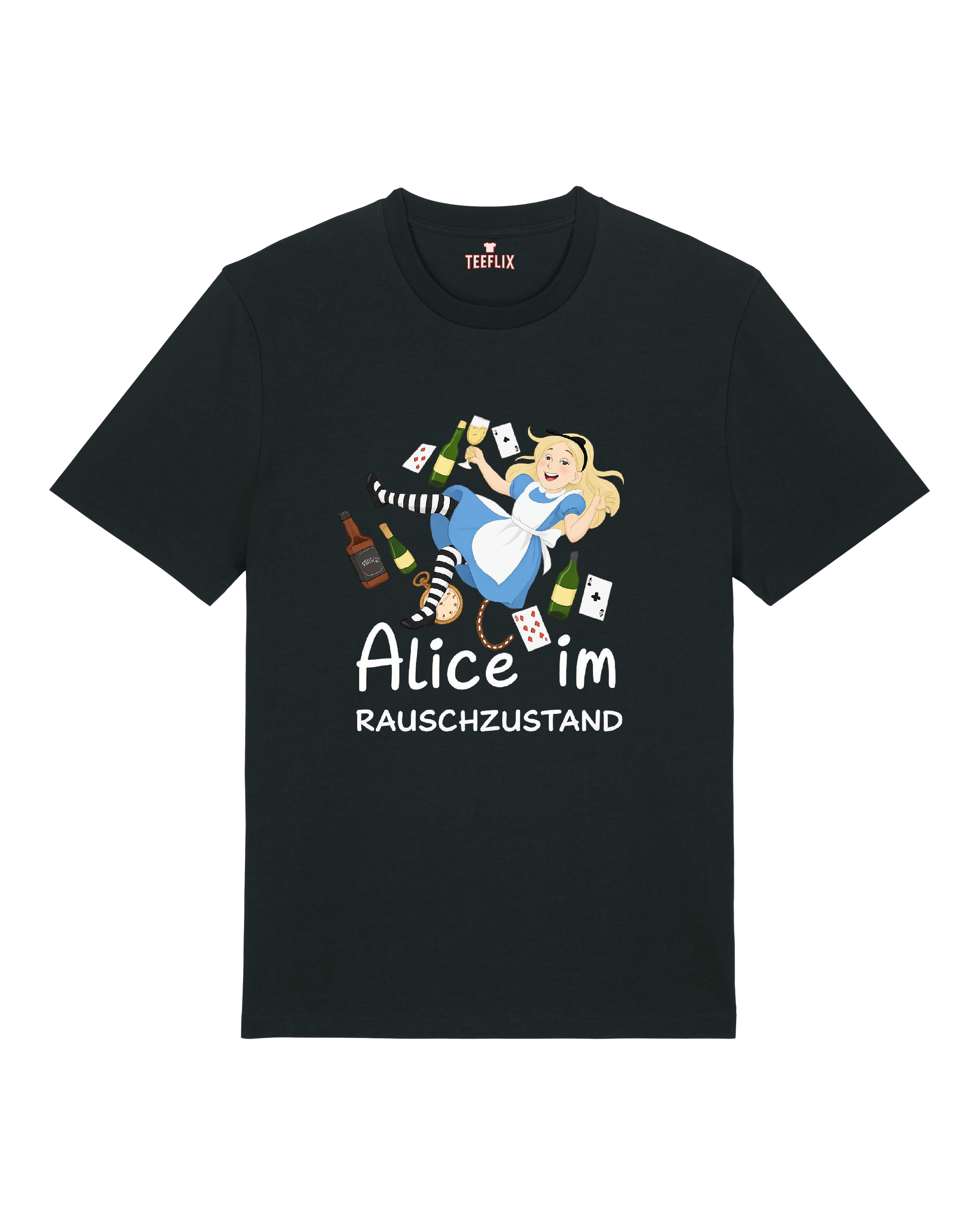 Schwarzes T-Shirt mit Cartoon-Alice, umgeben von Flaschen & Spielkarten – Text: „Alice im Rauschzustand“.