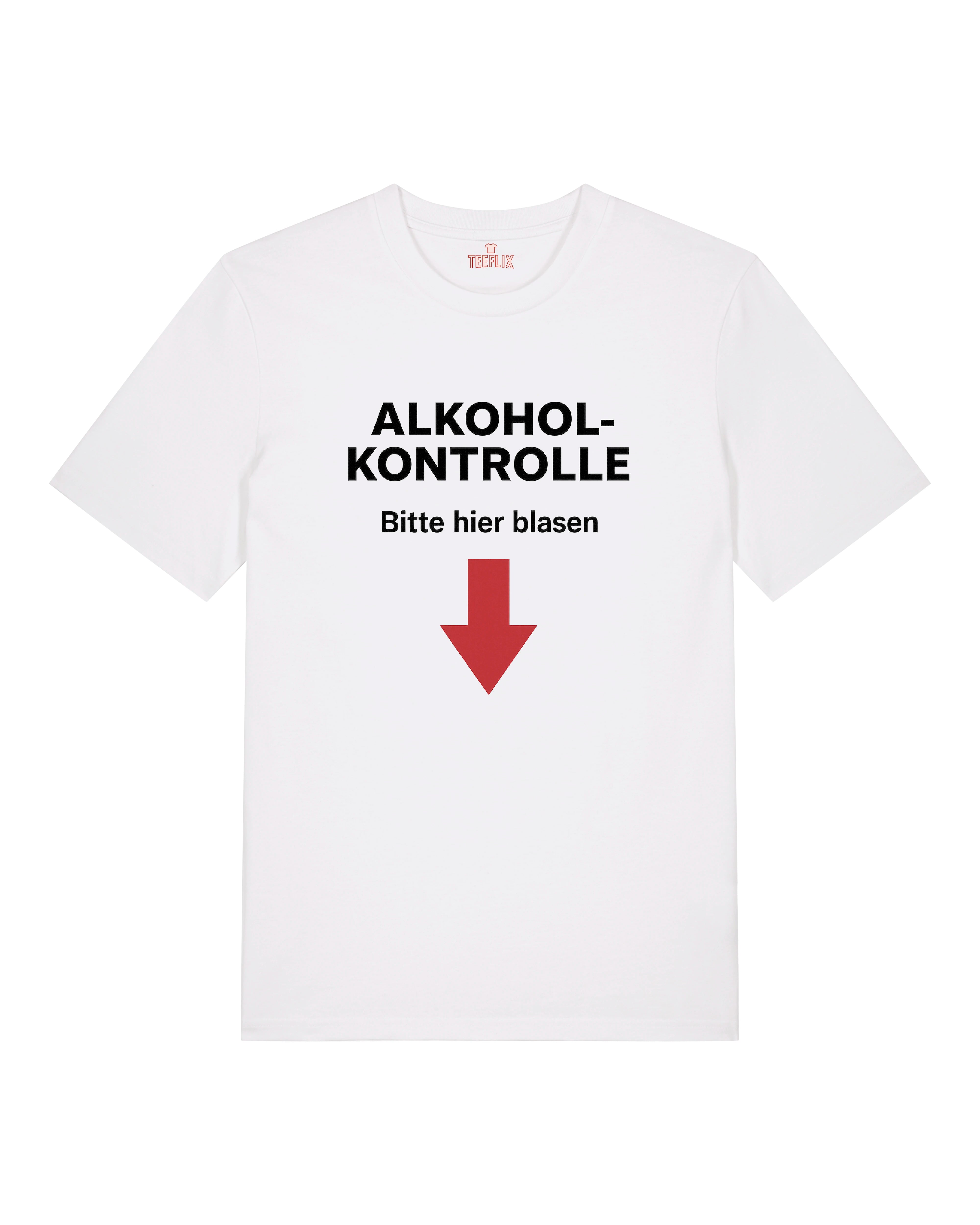 Weißes Partyshirt mit Text „Alkoholkontrolle“ und einem Pfeil – provokantes Shirt für Festivals.