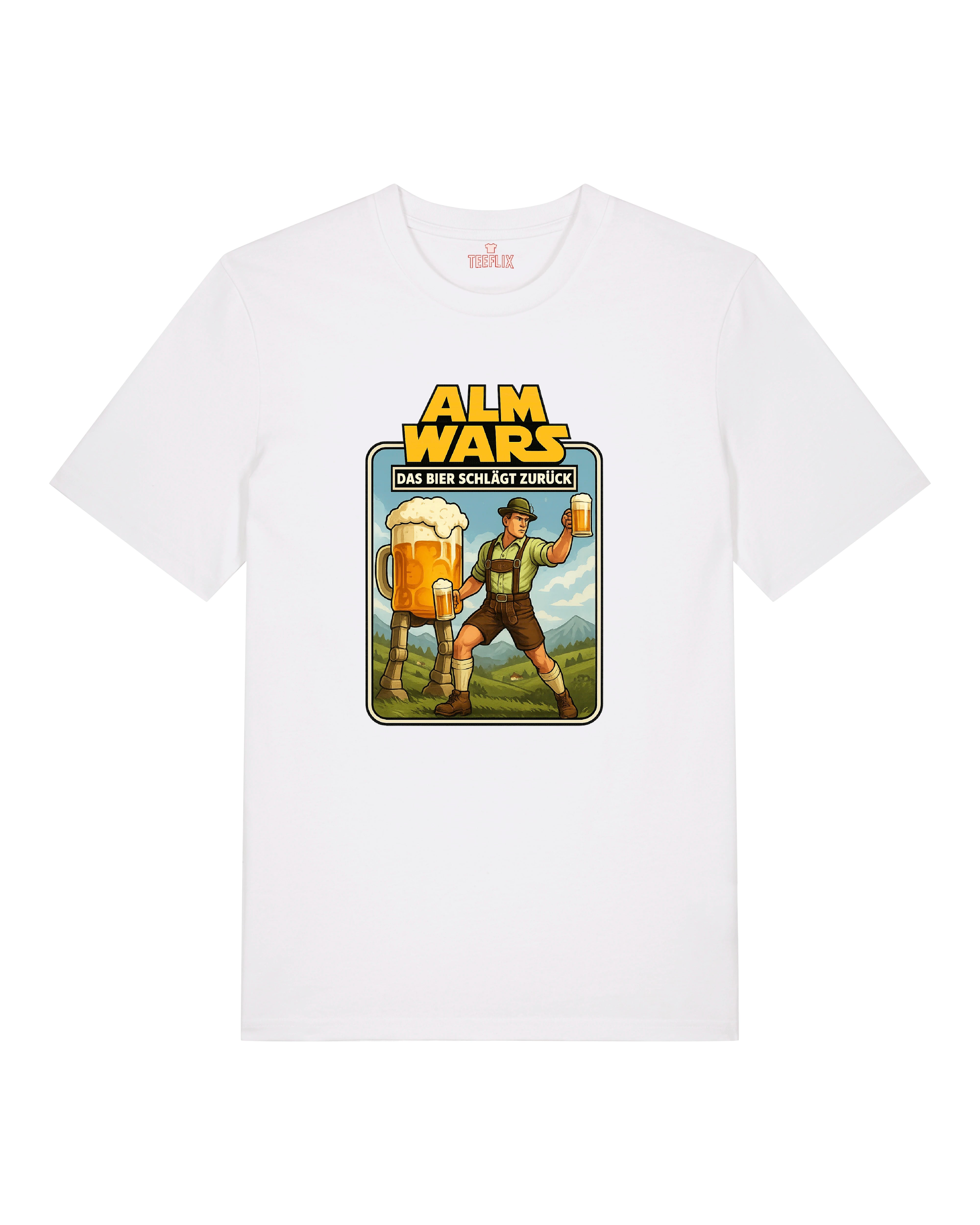 Mit dem „Alm Wars – Das Bier schlägt zurück“ T-Shirt bist du der Star jeder Wiesn. Ein mutiger Lederhosenträger im epischen Kampf gegen ein überdimensionales Bier – diese originelle Parodie ist perfekt für Fans von Science-Fiction, die Humor und Volksfest-Flair lieben. Super geeignet für Oktoberfest, Junggesellenabschiede oder gesellige Runden. Hochwertiger Druck, bequemer S